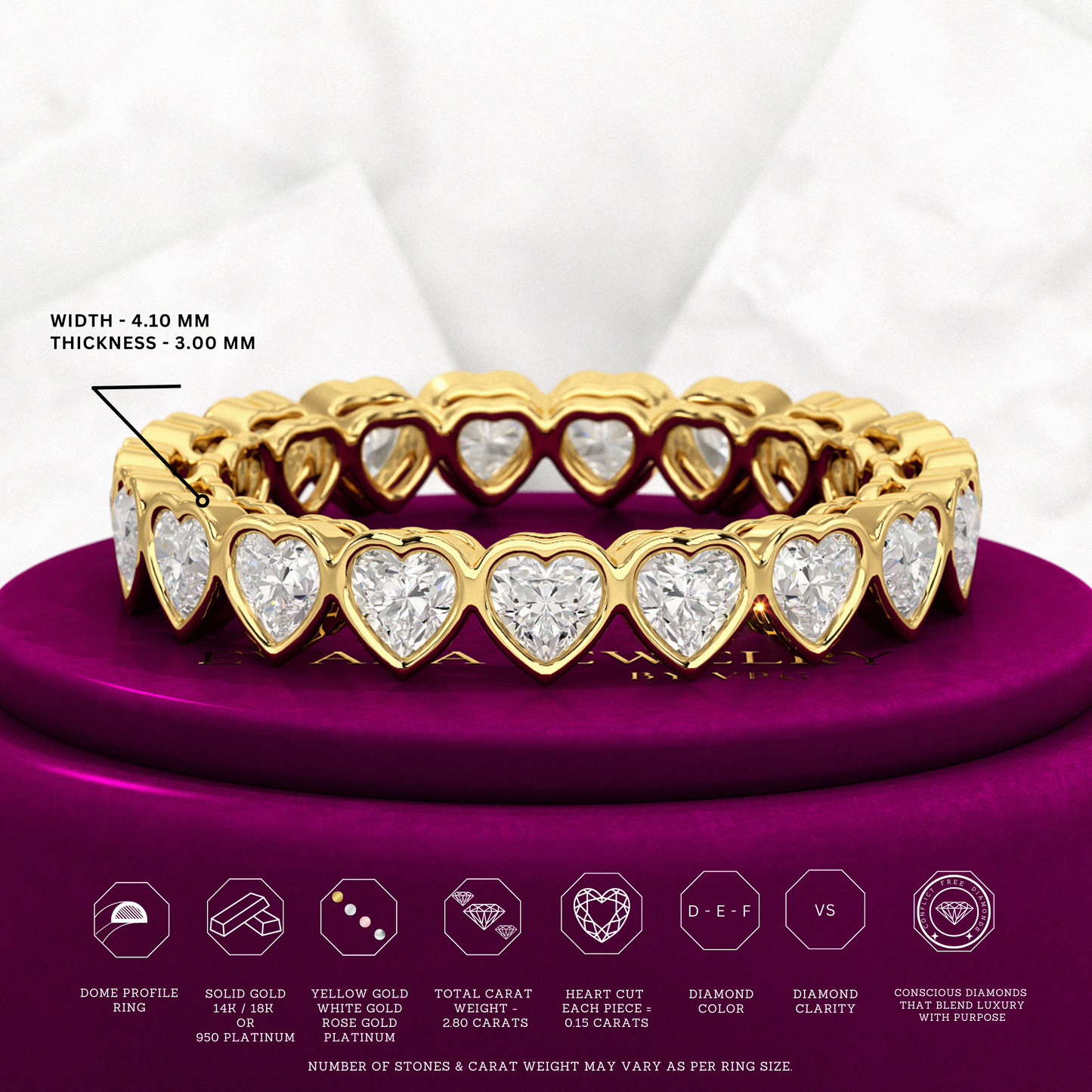 3 Carat Heart Cut Diamond Wedding Band - Evara Jewelry LLC