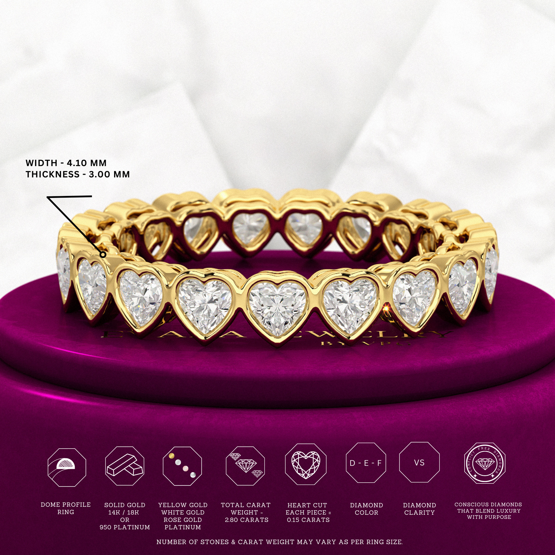 3 Carat Heart Cut Diamond Wedding Band - Evara Jewelry LLC