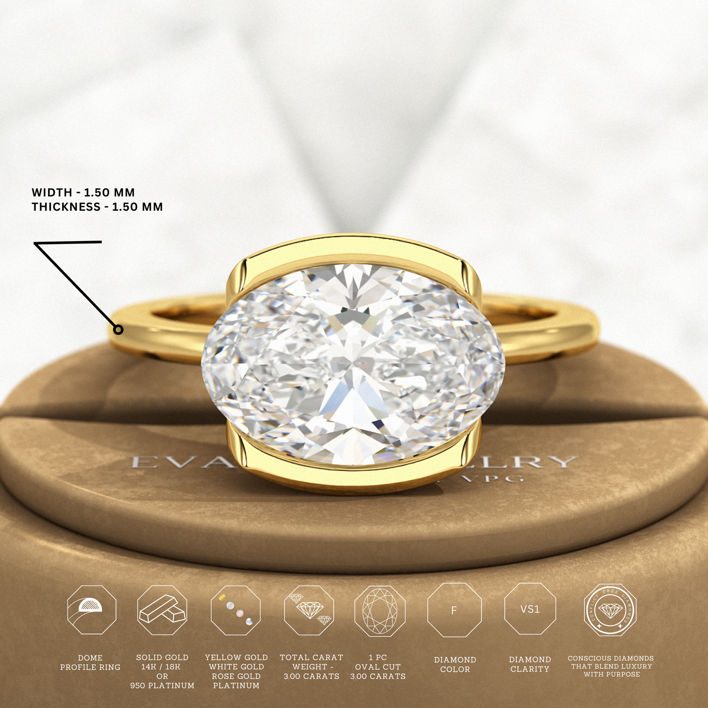 3 Carat Oval Half Bezel Engagement Ring - Evara Jewelry LLC