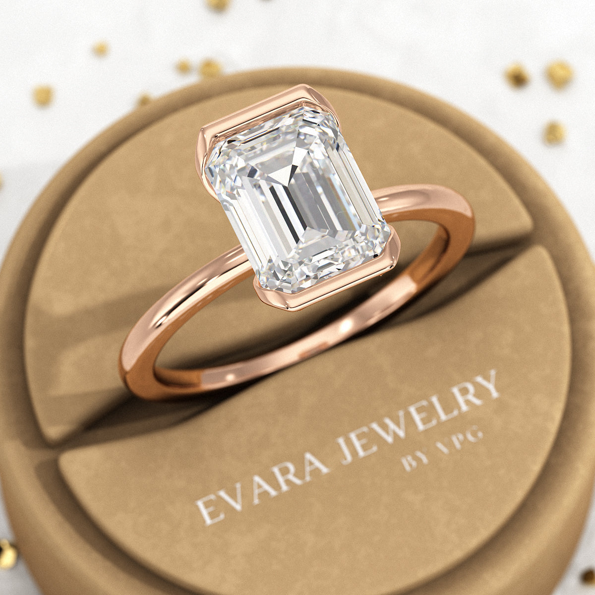 2.50 Carat Emerald Cut Half Bezel Engagement Ring - Evara Jewelry LLC