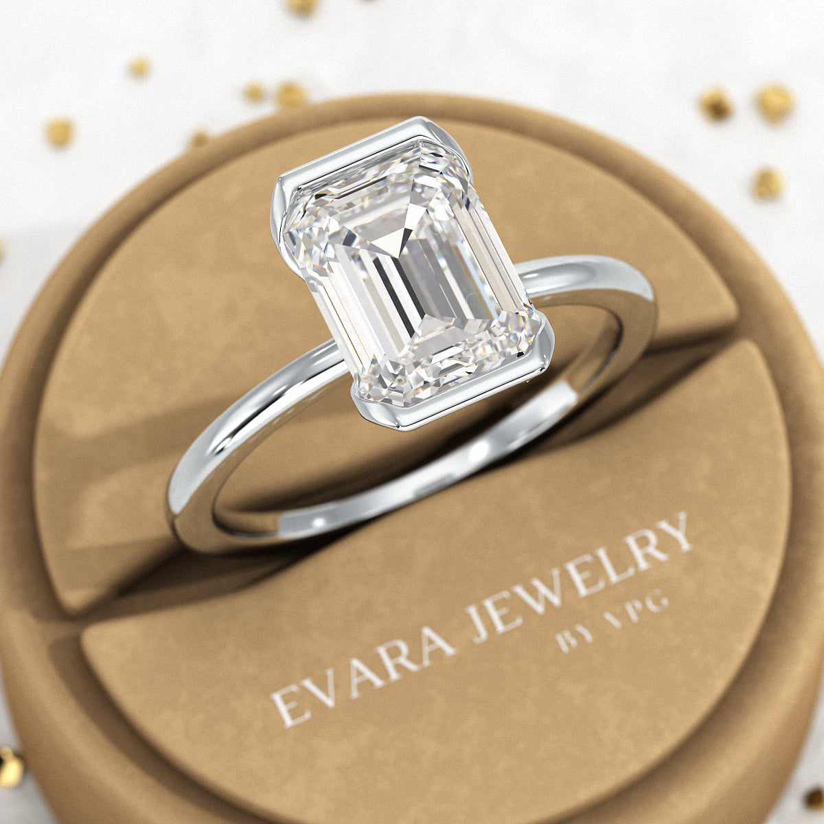 2.50 Carat Emerald Cut Half Bezel Engagement Ring - Evara Jewelry LLC