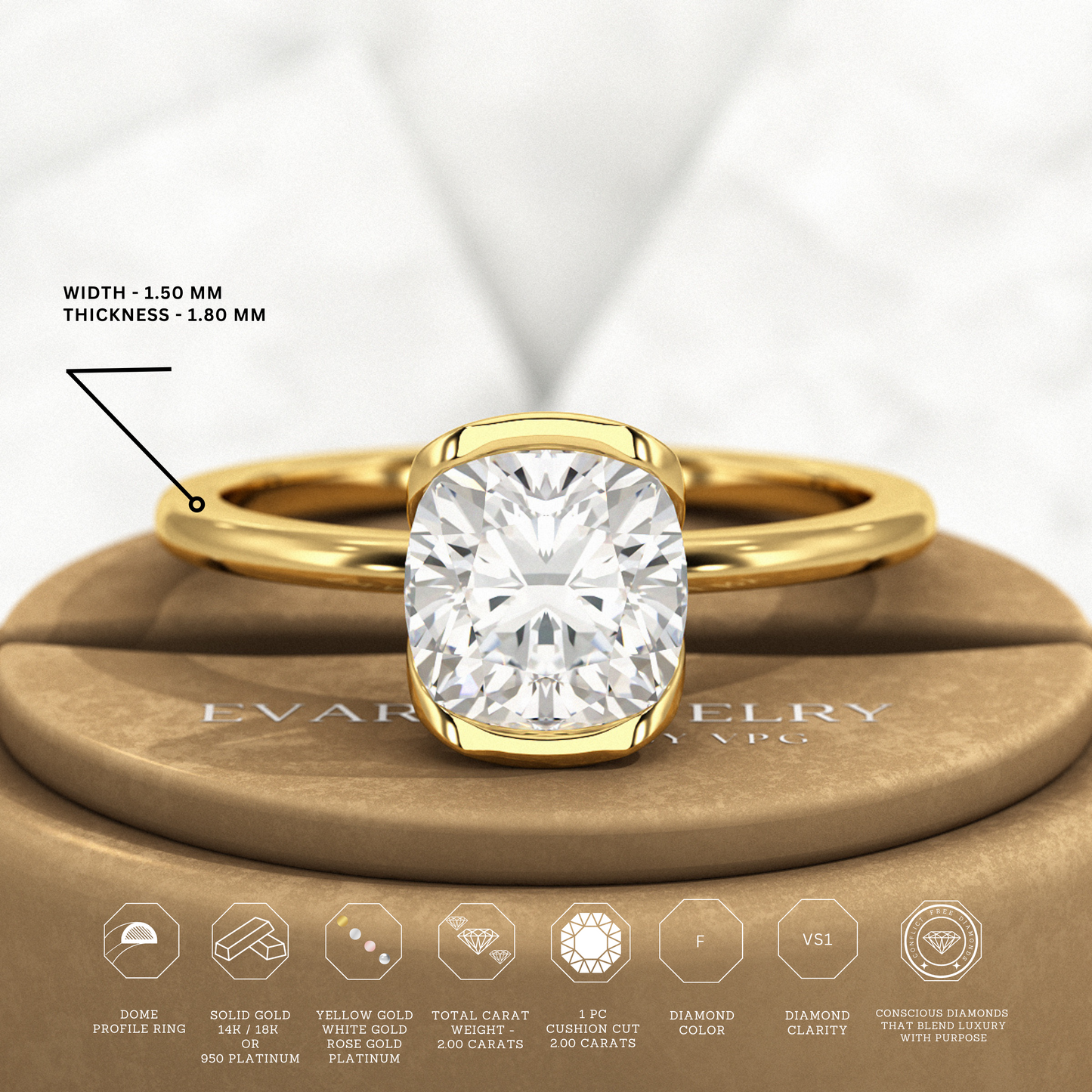 2 Carat Cushion Cut Diamond Half Bezel Set Engagement Ring - Evara Jewelry LLC