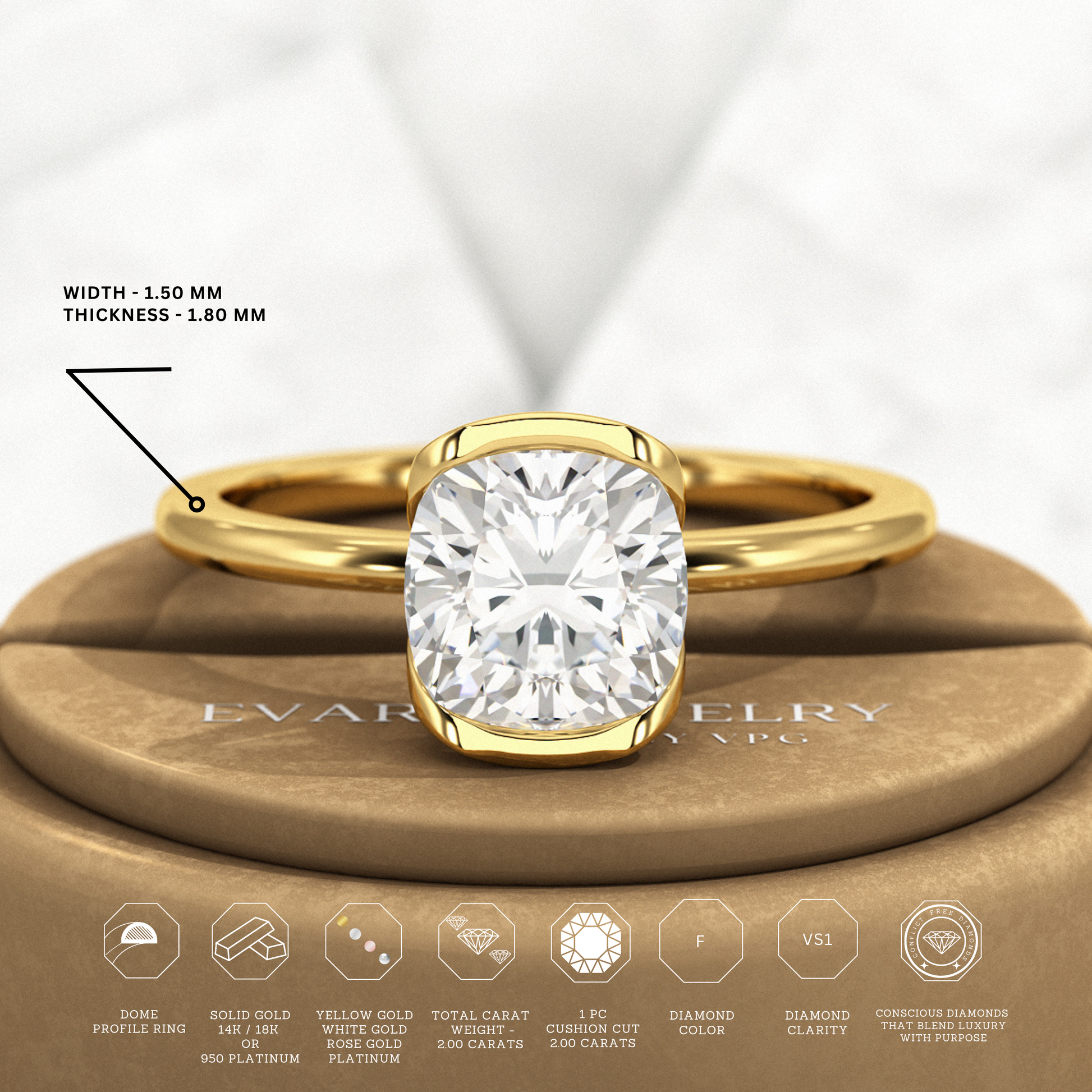 2 Carat Cushion Cut Diamond Half Bezel Set Engagement Ring - Evara Jewelry LLC