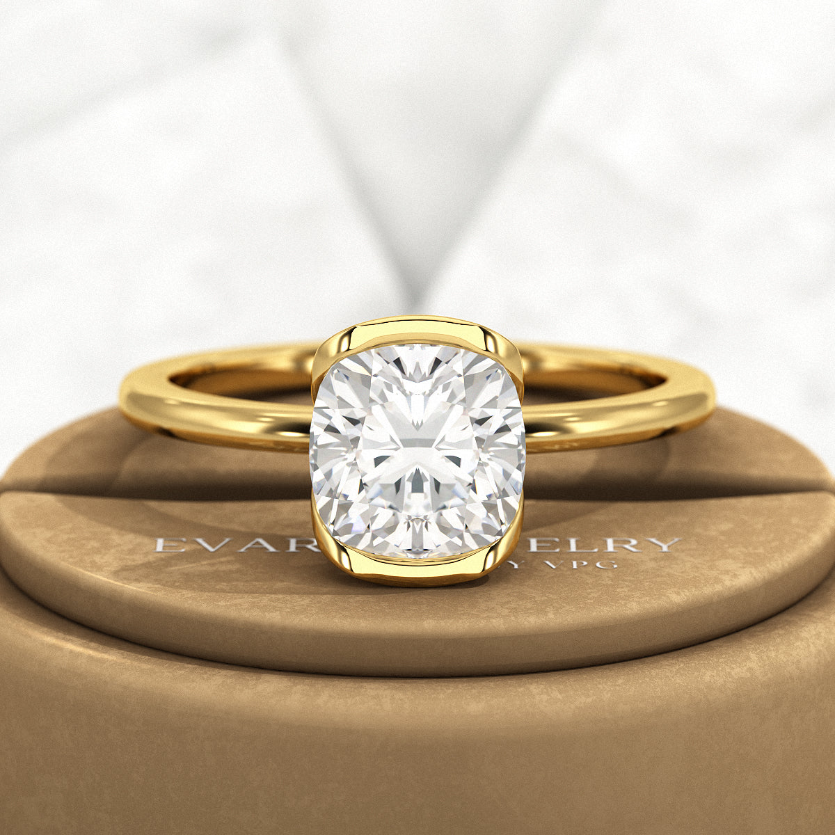 2 Carat Cushion Cut Diamond Half Bezel Set Engagement Ring - Evara Jewelry LLC