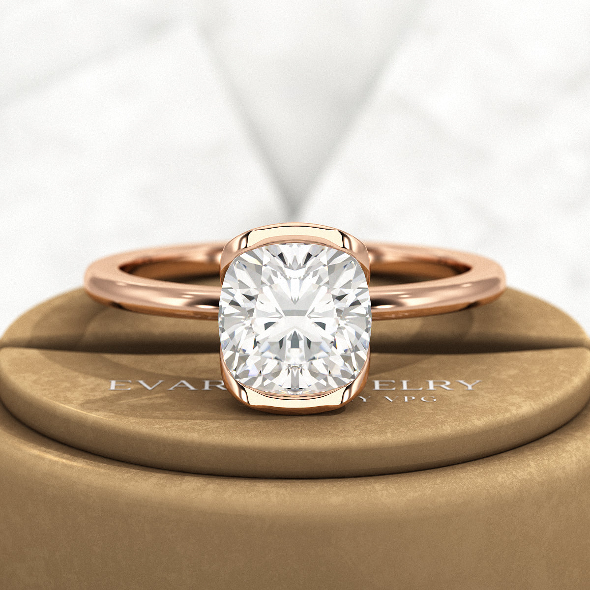 2 Carat Cushion Cut Diamond Half Bezel Set Engagement Ring - Evara Jewelry LLC