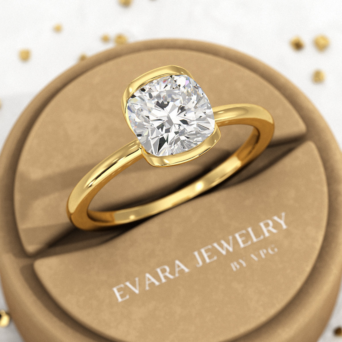 2 Carat Cushion Cut Diamond Half Bezel Set Engagement Ring - Evara Jewelry LLC