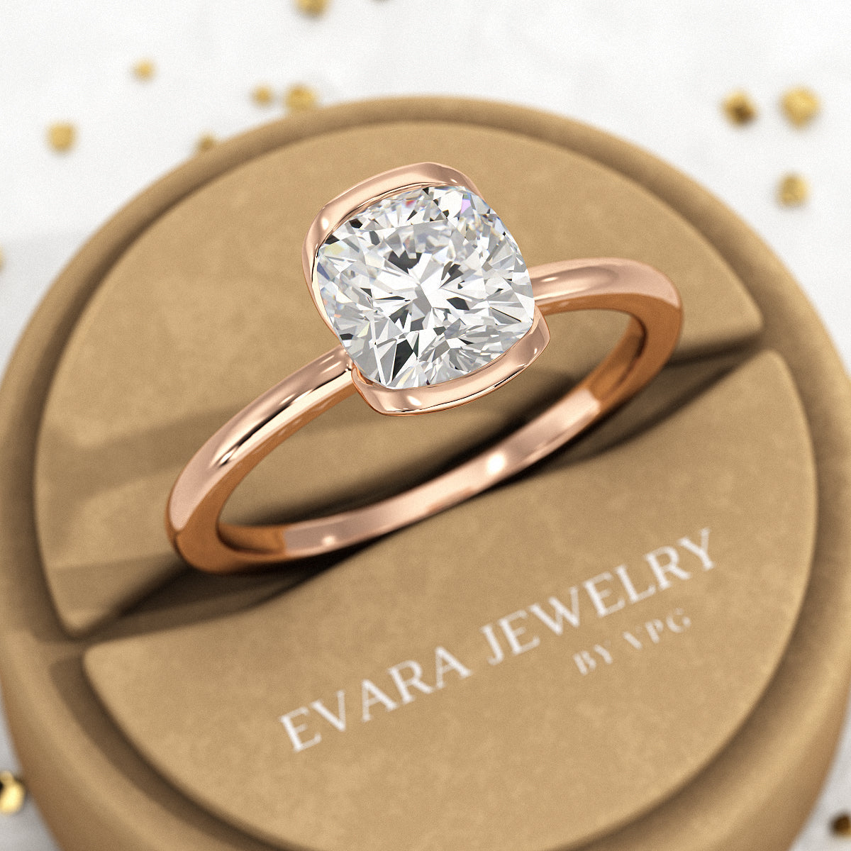 2 Carat Cushion Cut Diamond Half Bezel Set Engagement Ring - Evara Jewelry LLC