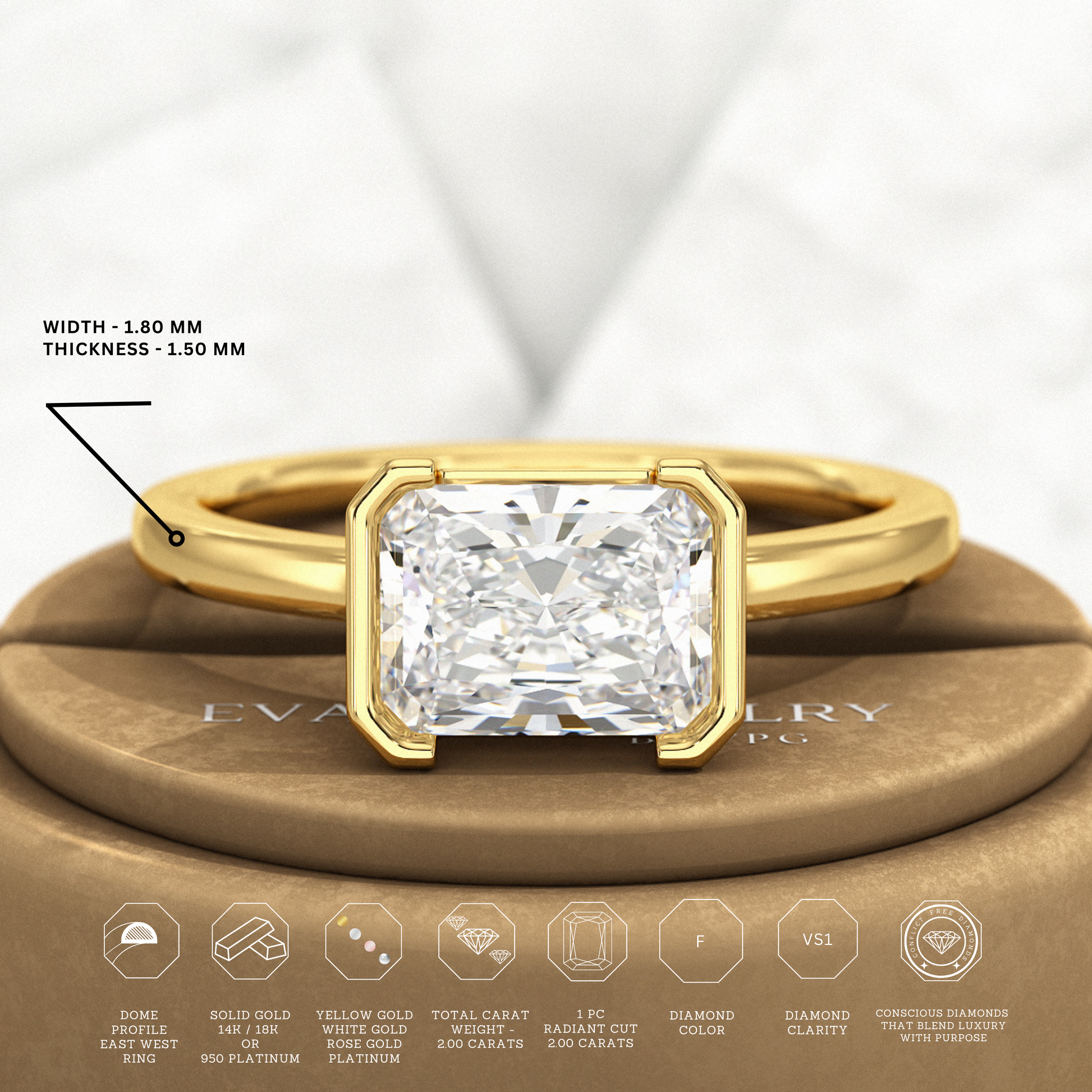 2 Carat Radiant Cut East West Anniversary Ring - Evara Jewelry LLC