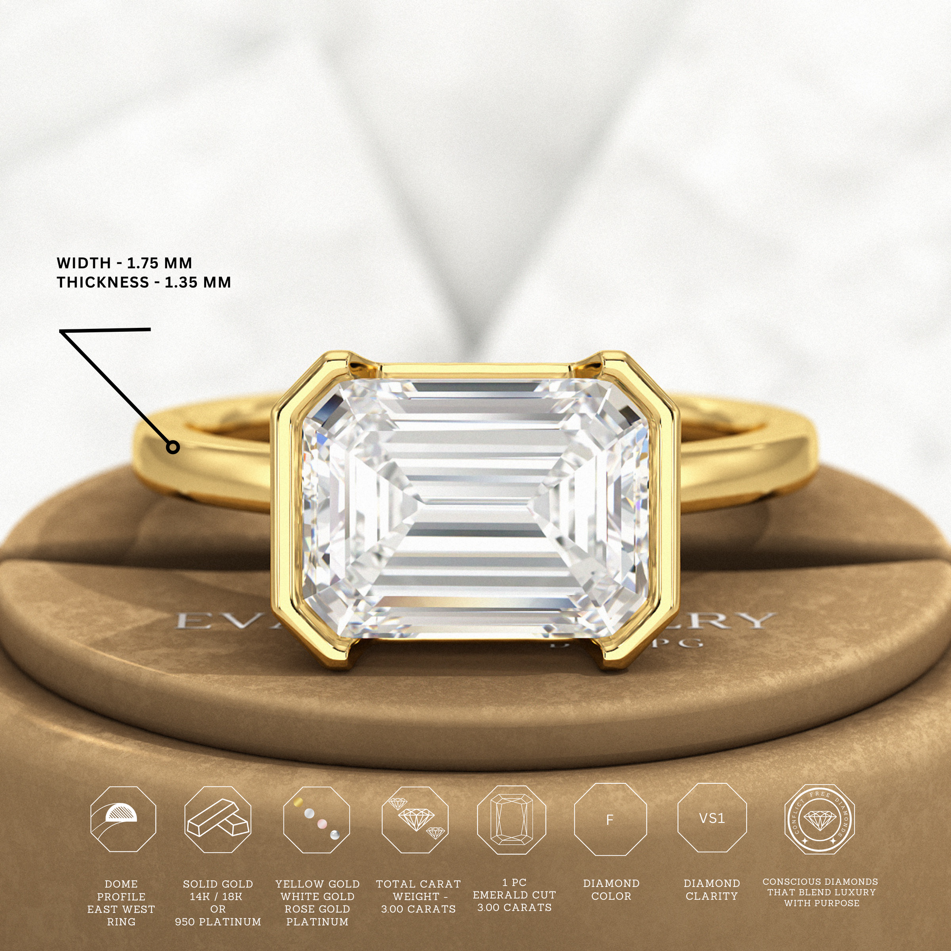 3 Carat Emerald Cut East West Anniversary Ring - Evara Jewelry LLC