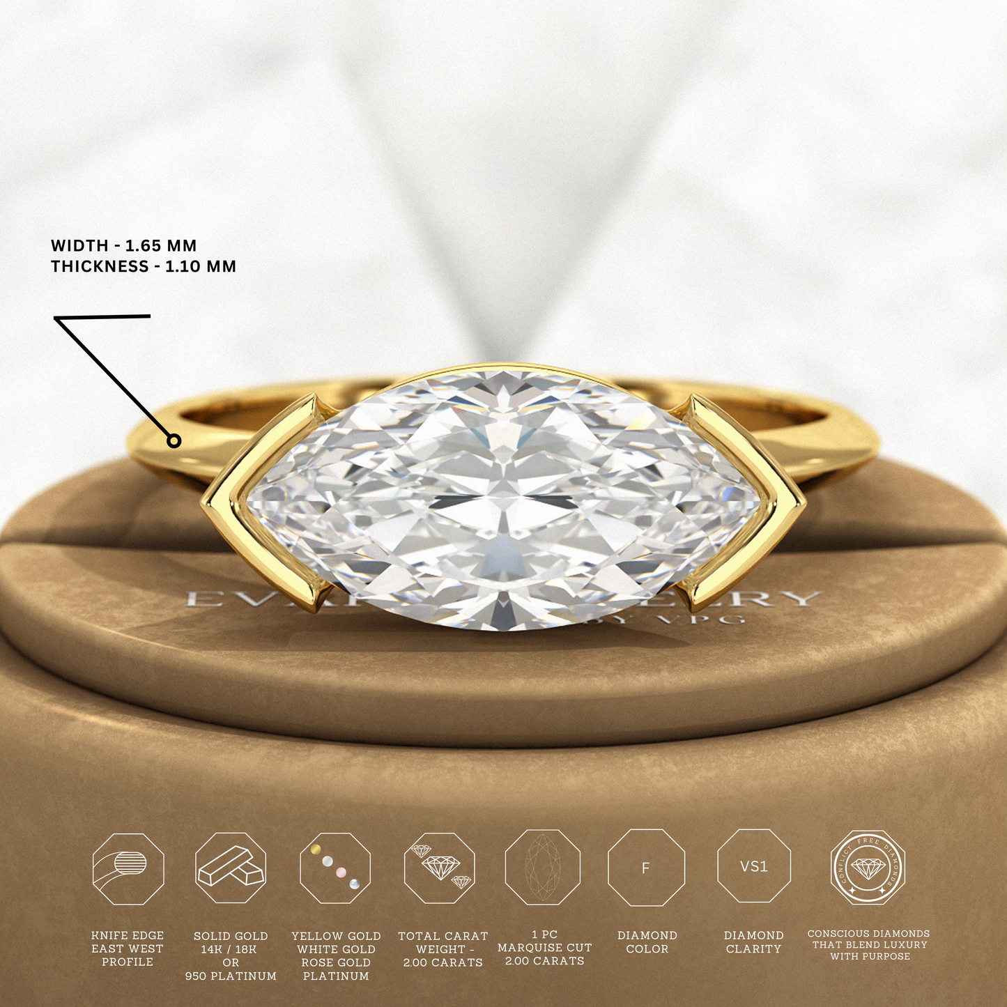 2 Carat Marquise Cut East West Diamond Proposal Ring - Evara Jewelry LLC