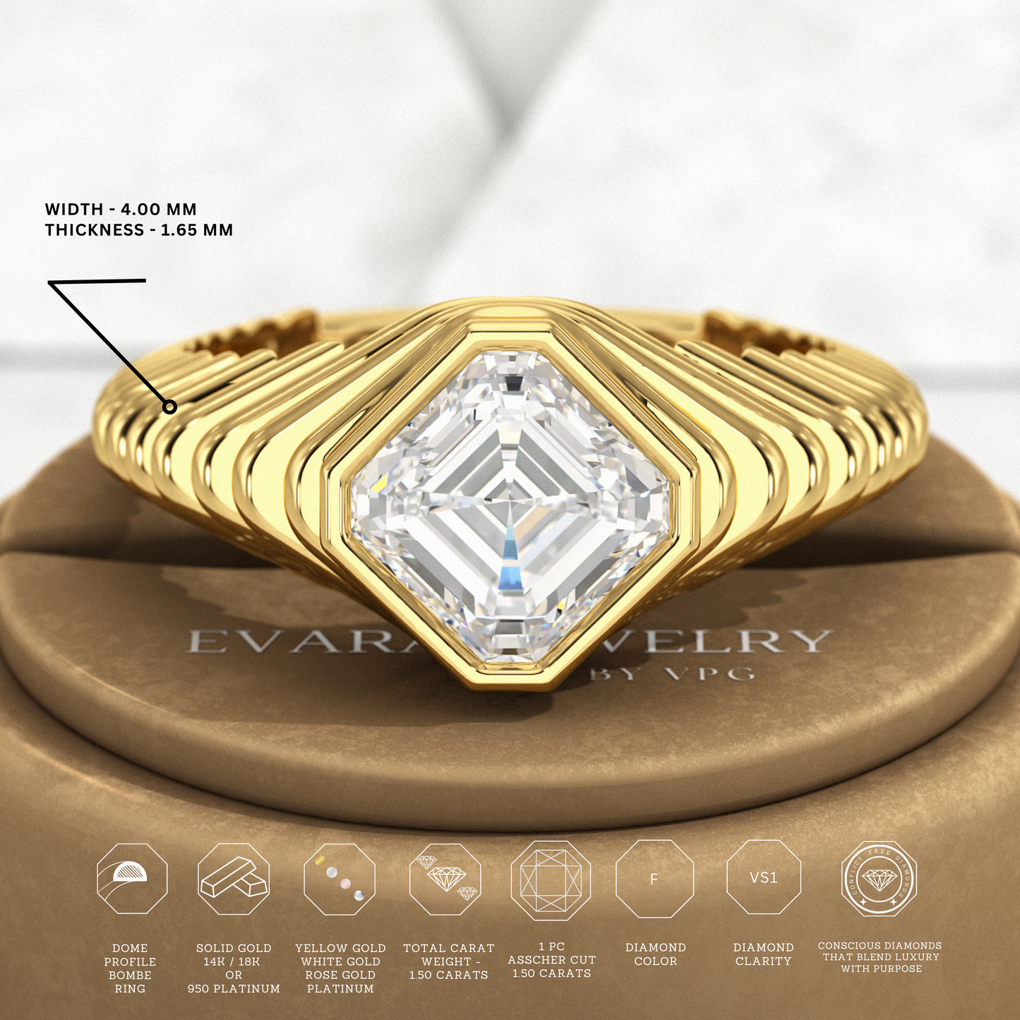 1.50 Carat Asscher Cut Diamond Chunky Bombe Ring - Evara Jewelry LLC