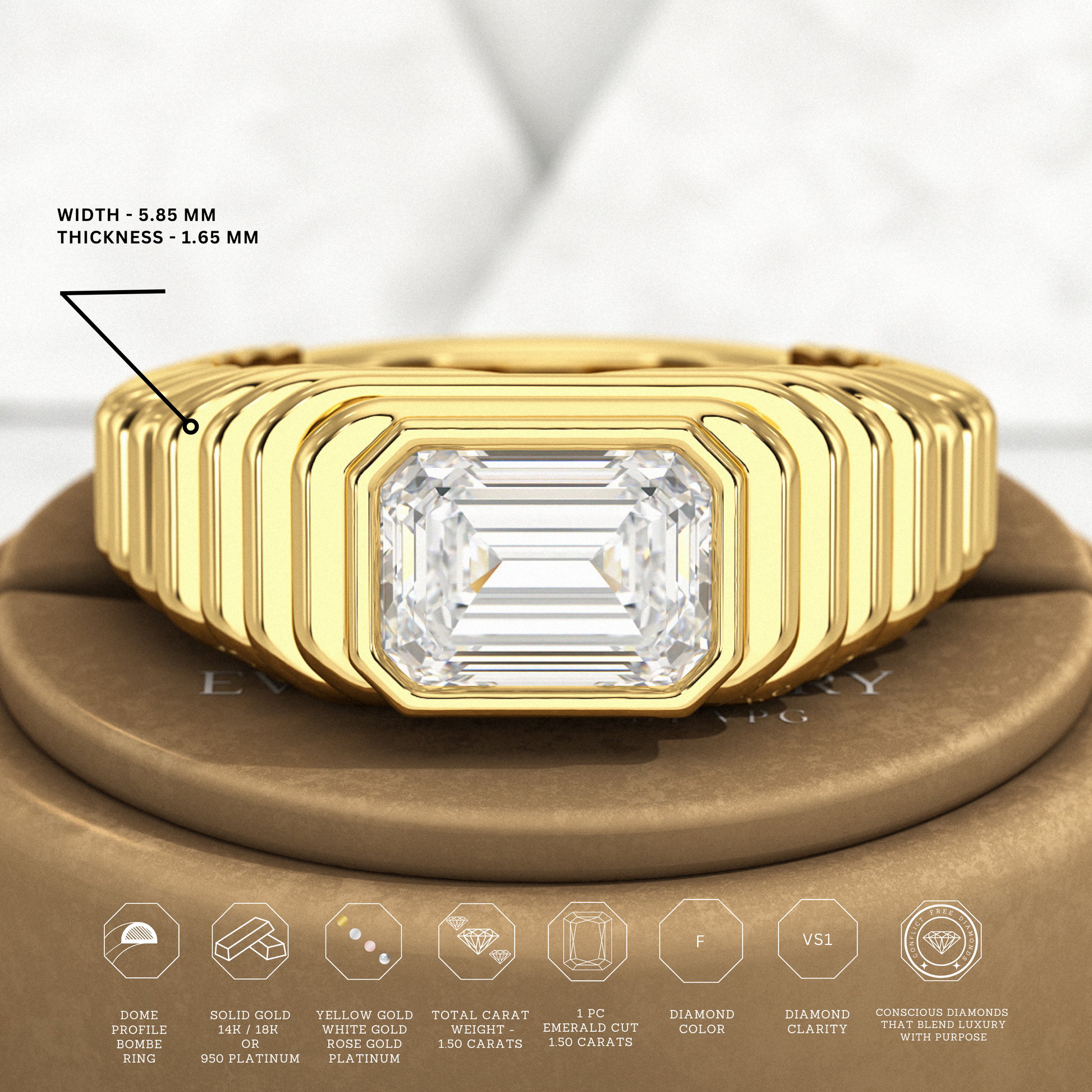 1.50 Carat Emerald Cut Diamond Chunky Bombe Ring - Evara Jewelry LLC