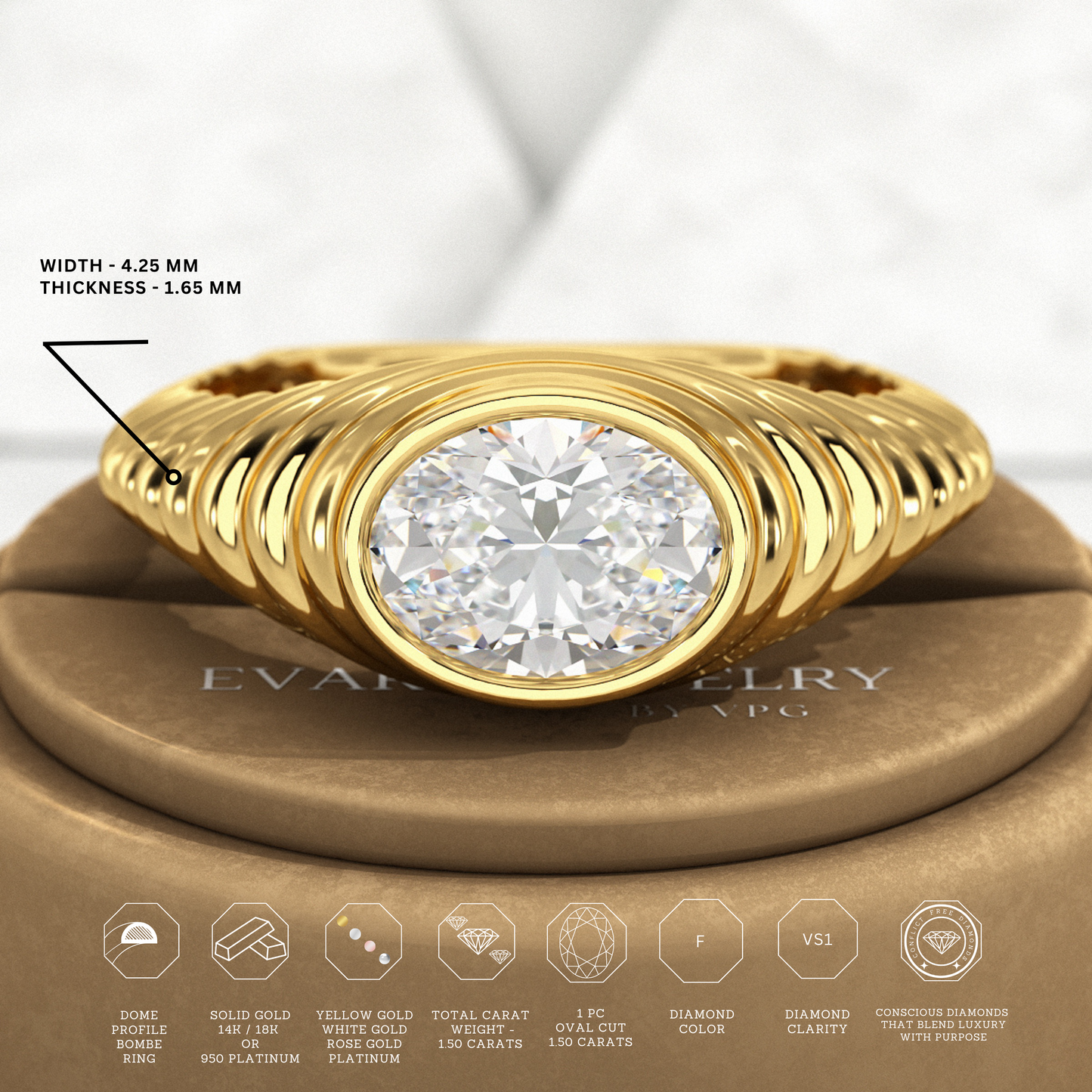 1.50 Carat Oval Cut Diamond Chunky Bombe Signet Ring - Evara Jewelry LLC