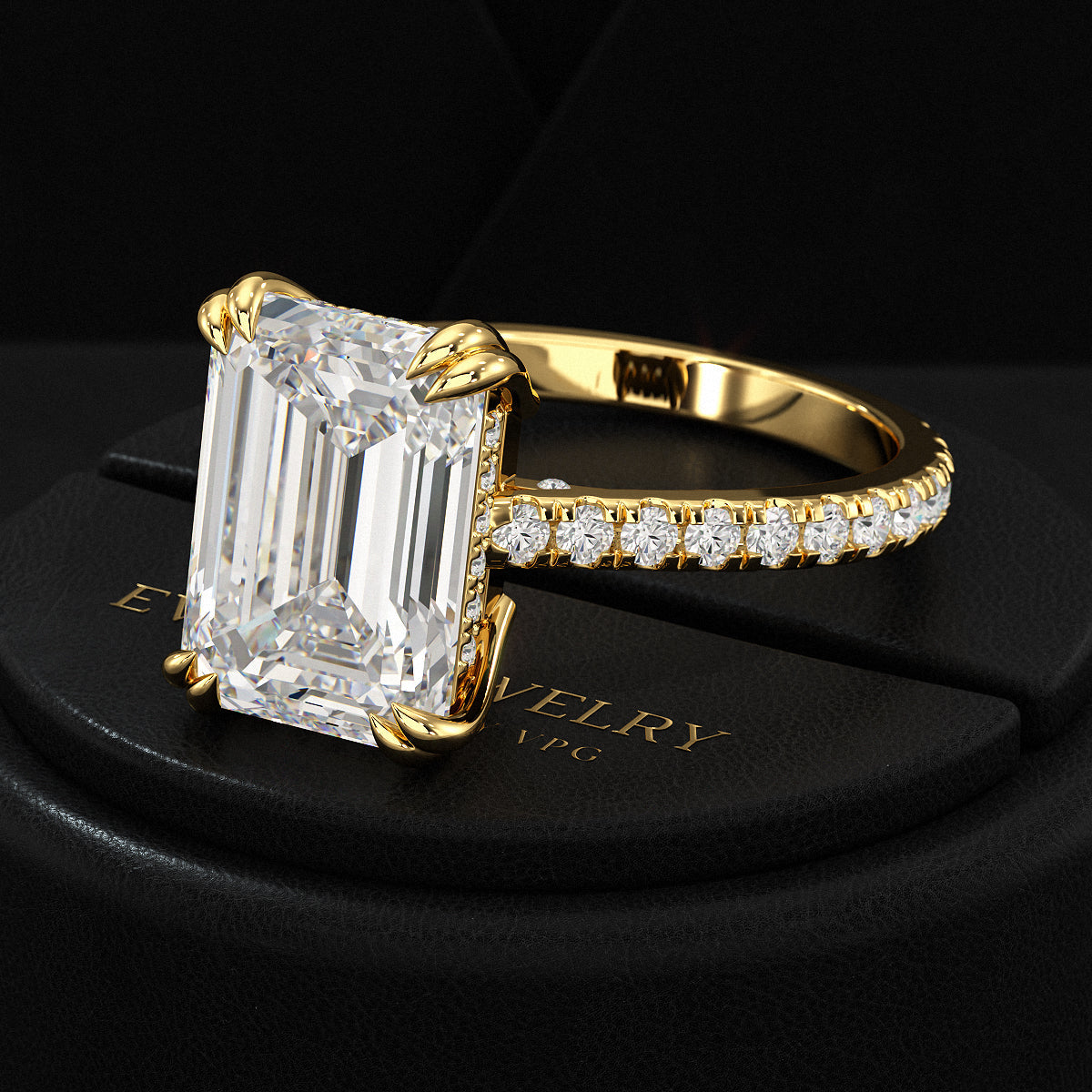 5 Carat Emerald Cut Diamond French Pave Band Engagement Ring