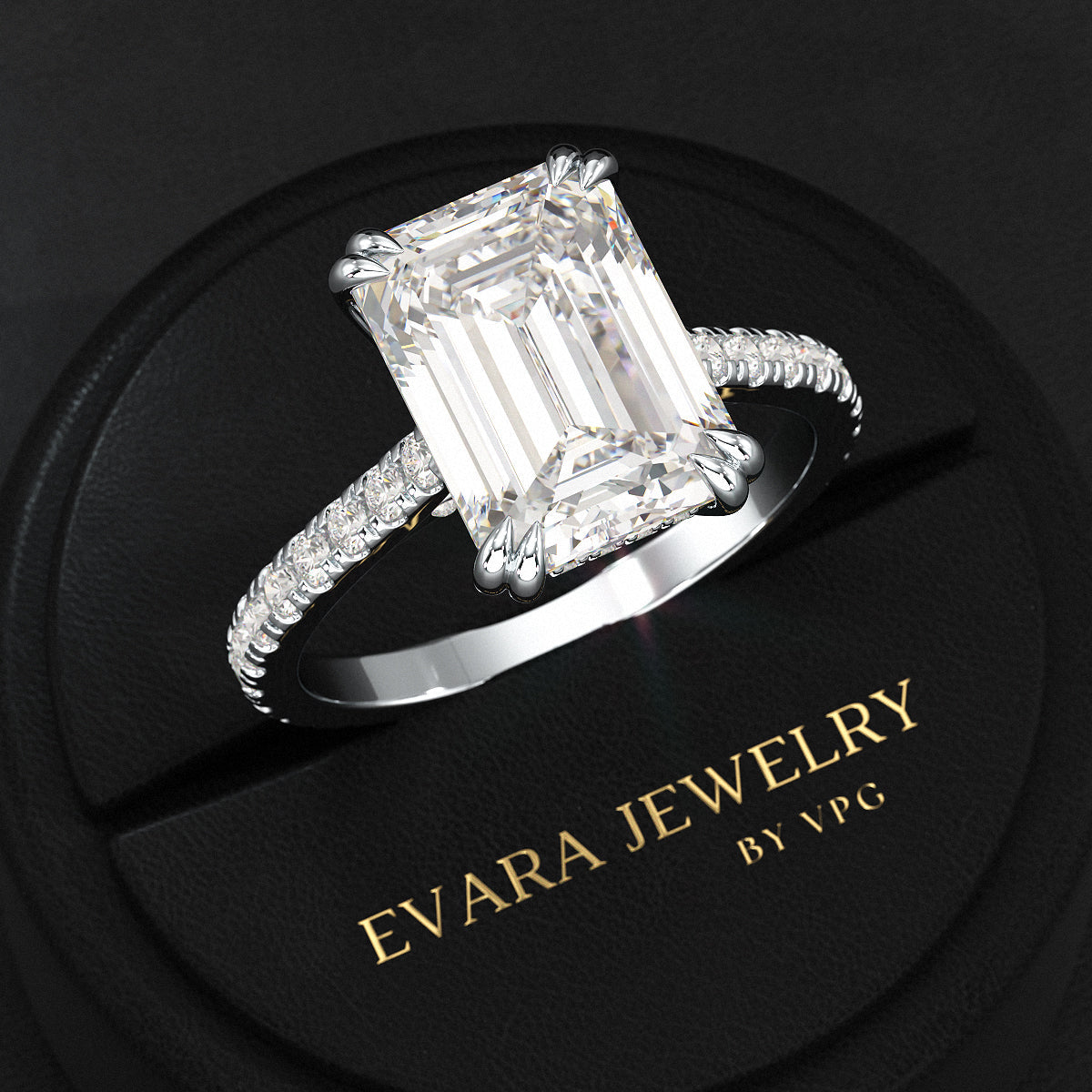 5 Carat Emerald Cut Diamond French Pave Band Engagement Ring