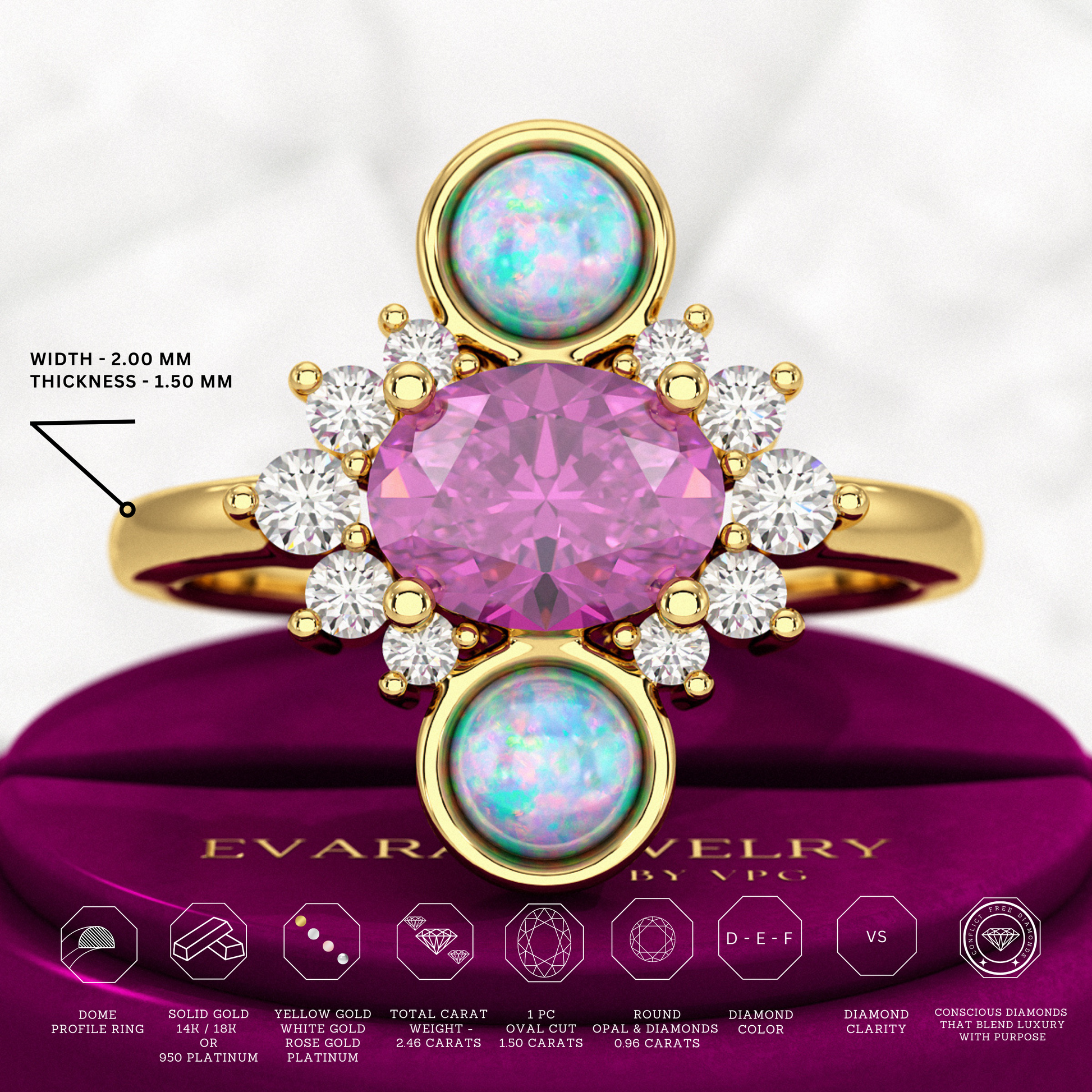Purple Garnet Art Deco Multi Stone Statement Ring with Opal and Diamonds - Evara Jewelry LLC
