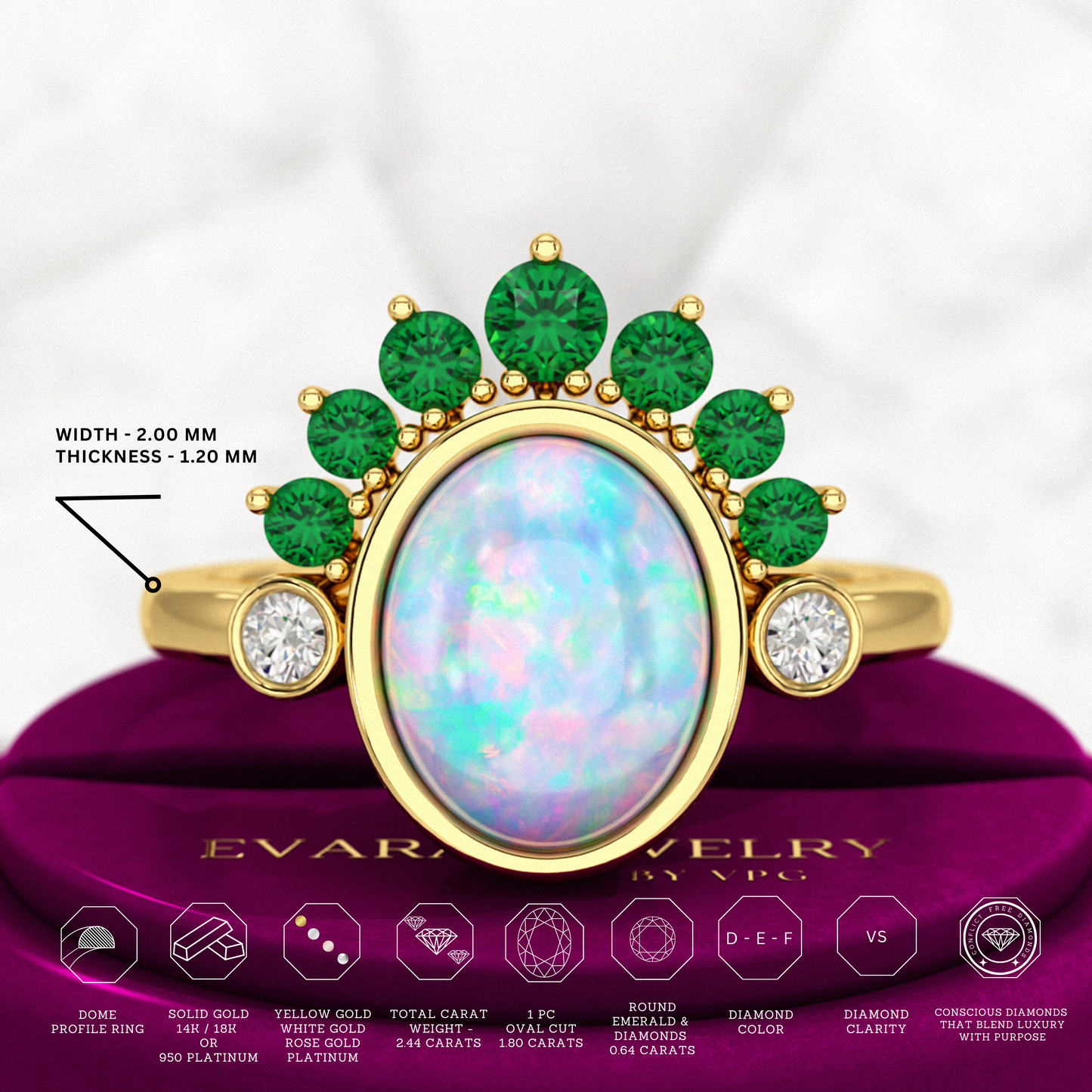 Natural Opal Multi Stone Art Deco Ring with Natural Emeralds and Diamonds - Evara Jewelry LLC