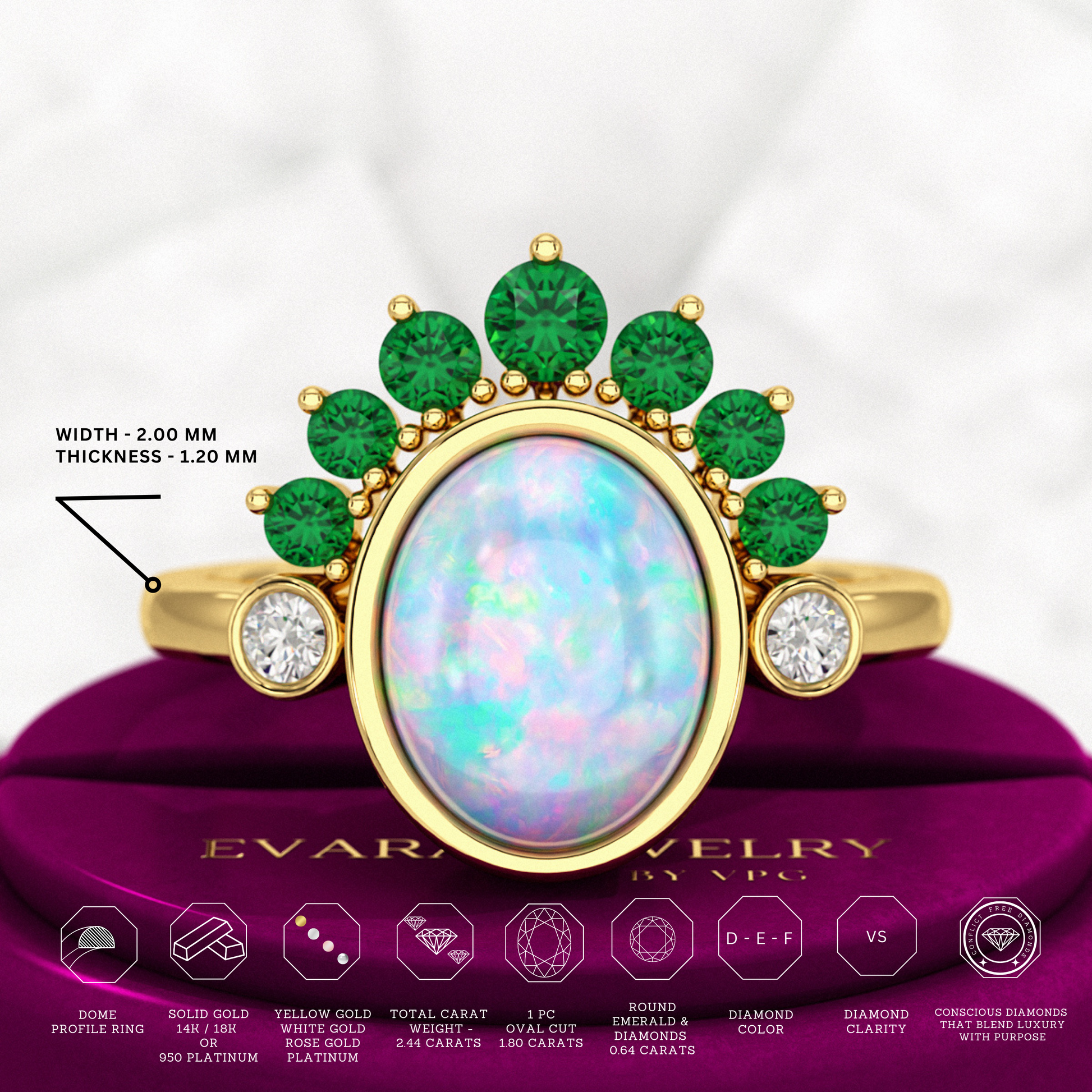 Natural Opal Multi Stone Art Deco Ring with Natural Emeralds and Diamonds - Evara Jewelry LLC