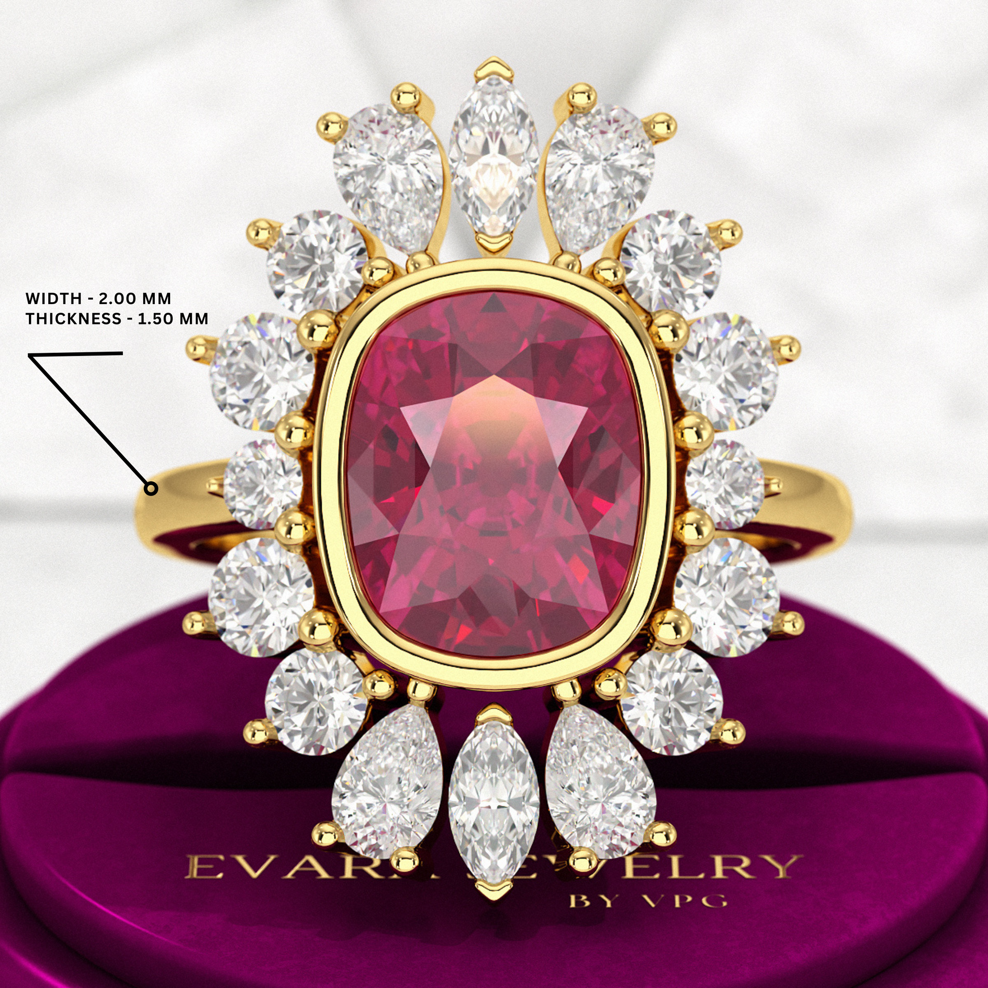Natural Rubellite Tourmaline Cushion & CVD Diamond Art Deco Wedding Ring - Evara Jewelry LLC