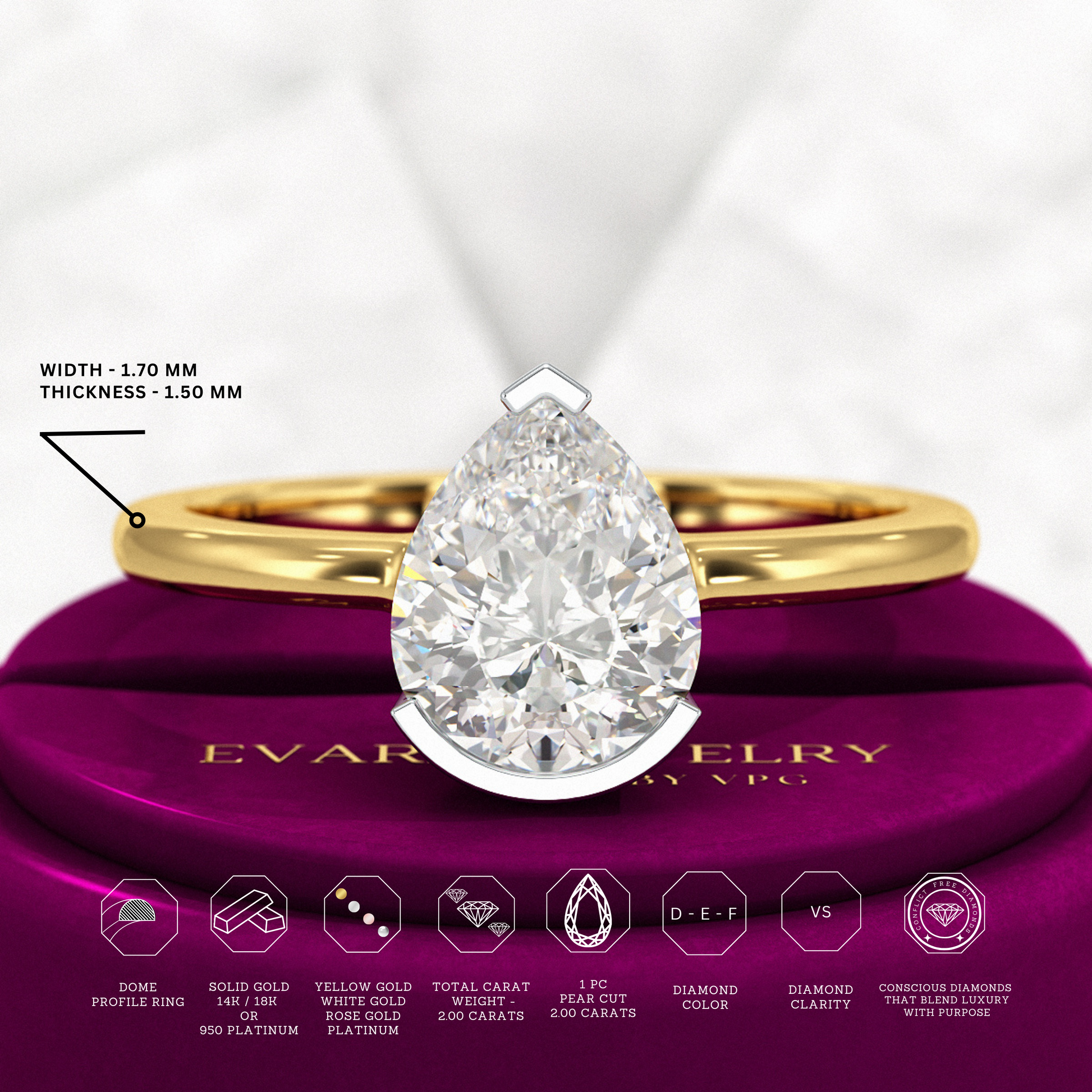 2 Carat Pear Cut Diamond Half Bezel Set Solitaire Engagement Ring - Evara Jewelry LLC