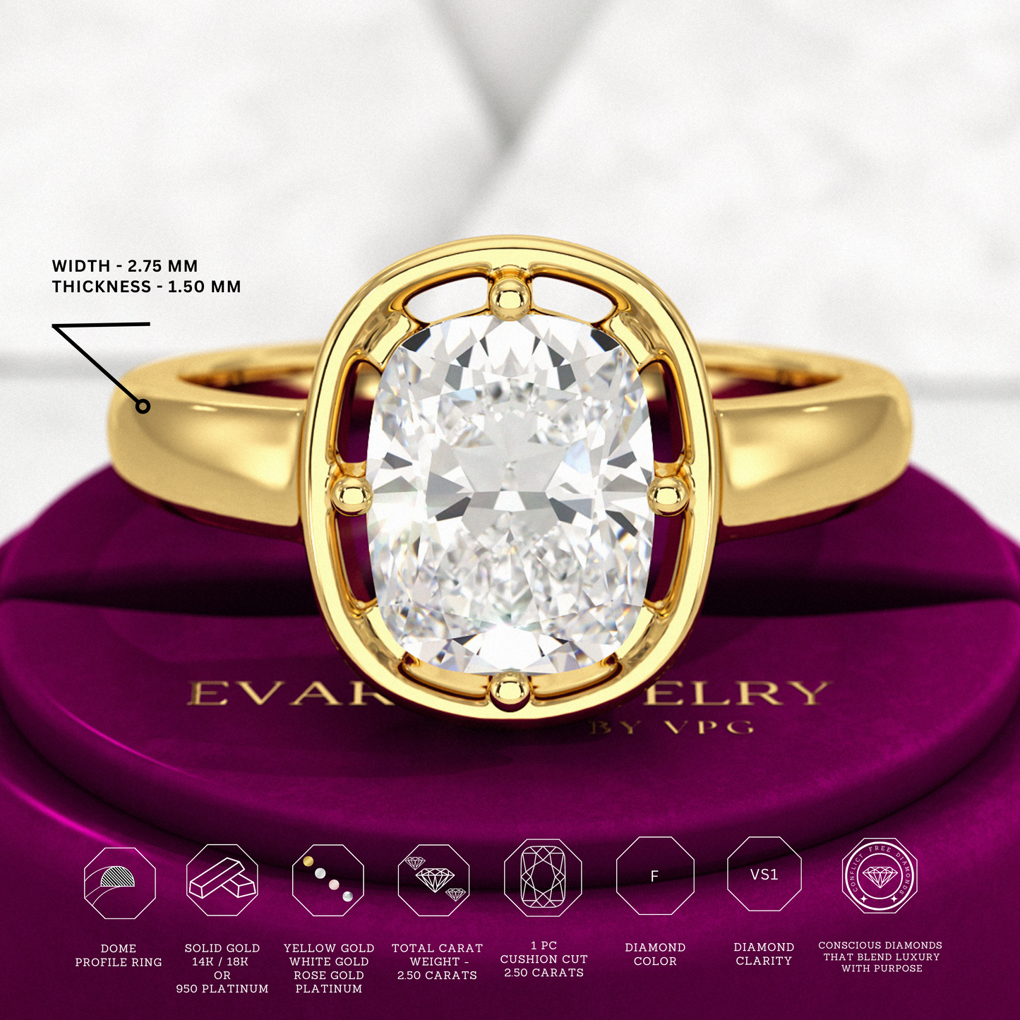 2.50 Carat Elongated Cushion Cut Diamond Minimalist Engagement Ring - Evara Jewelry LLC