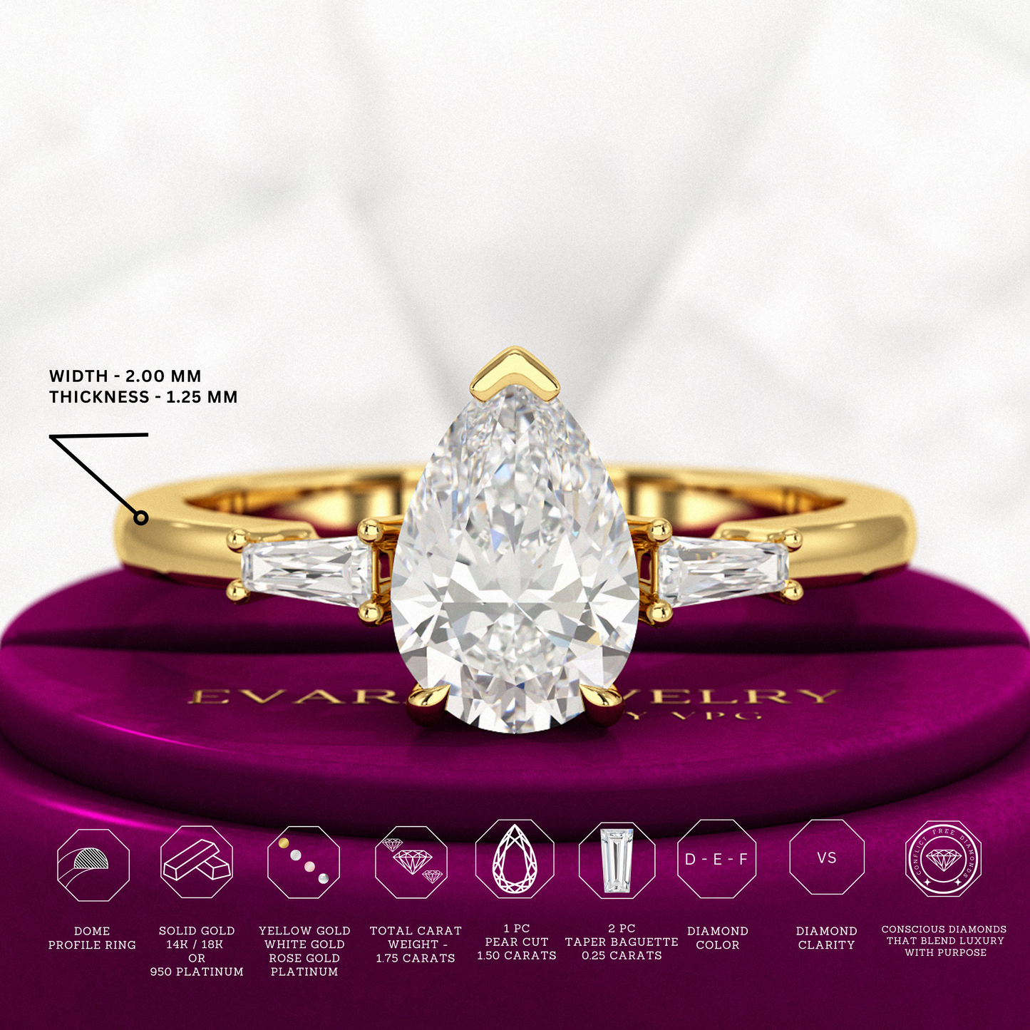 1.50 Carat Pear Cut Diamond Trilogy Engagement Ring - Evara Jewelry LLC