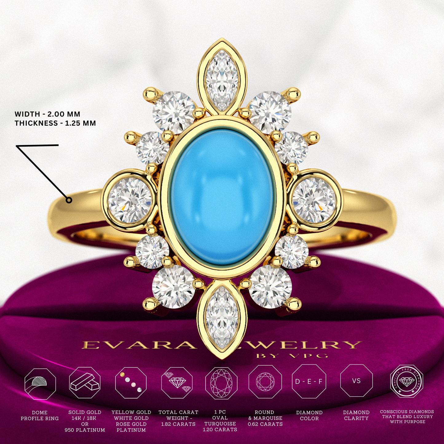 Diamond & Natural Turquoise Art Deco Statement Oval Wedding Ring - Evara Jewelry LLC