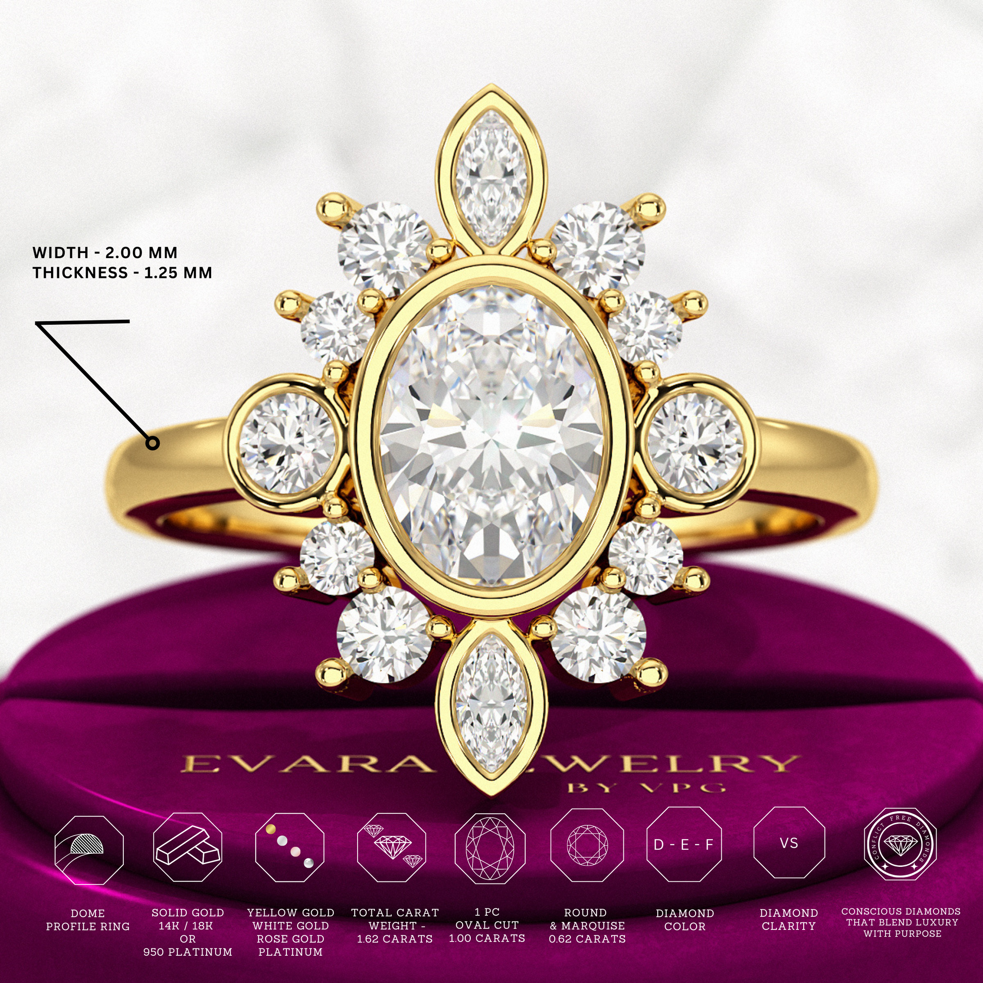 1.72 TCW Oval Diamond Art Deco Wedding Ring - Evara Jewelry LLC