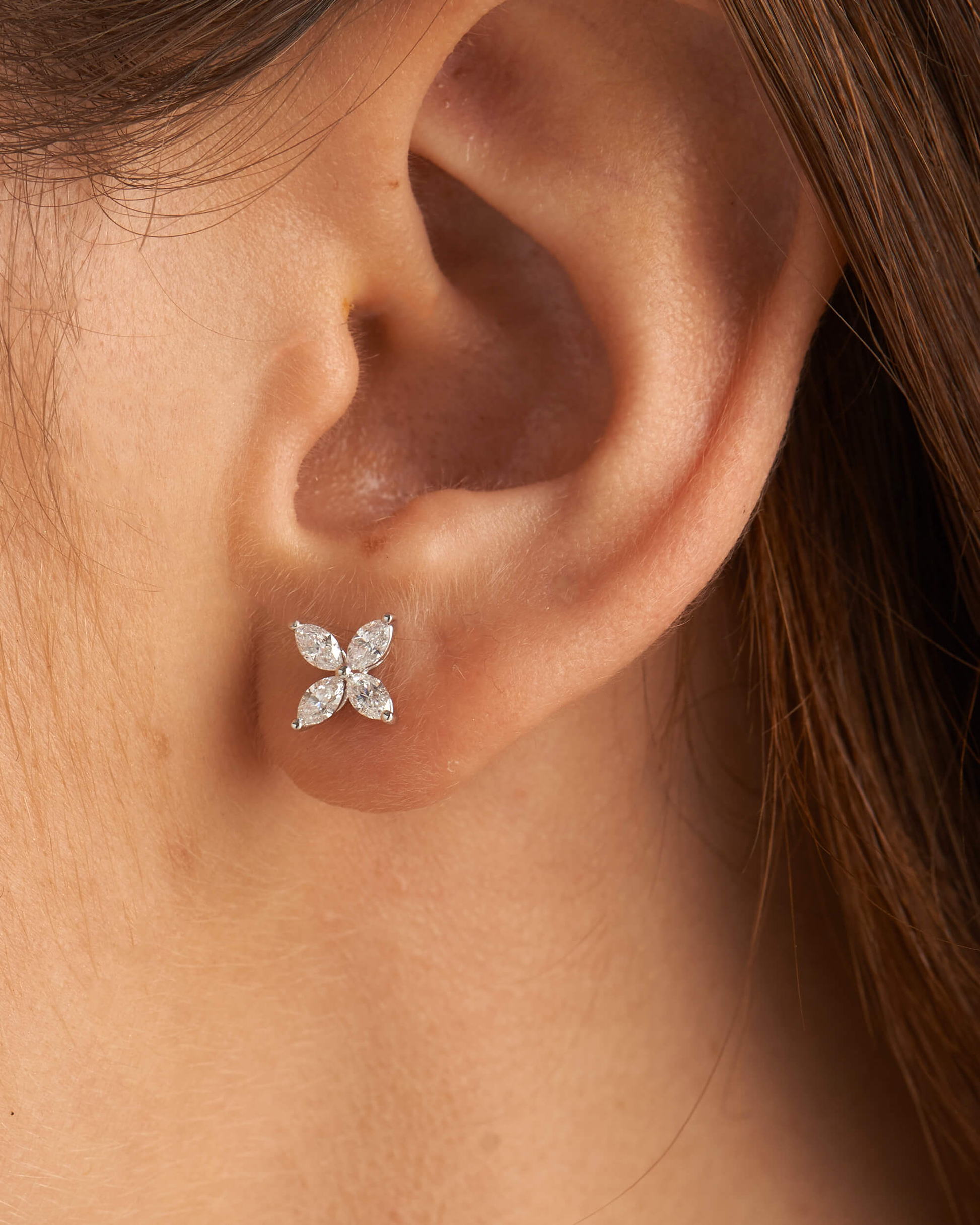 "Floral stud earrings with marquise cut lab-grown diamonds"