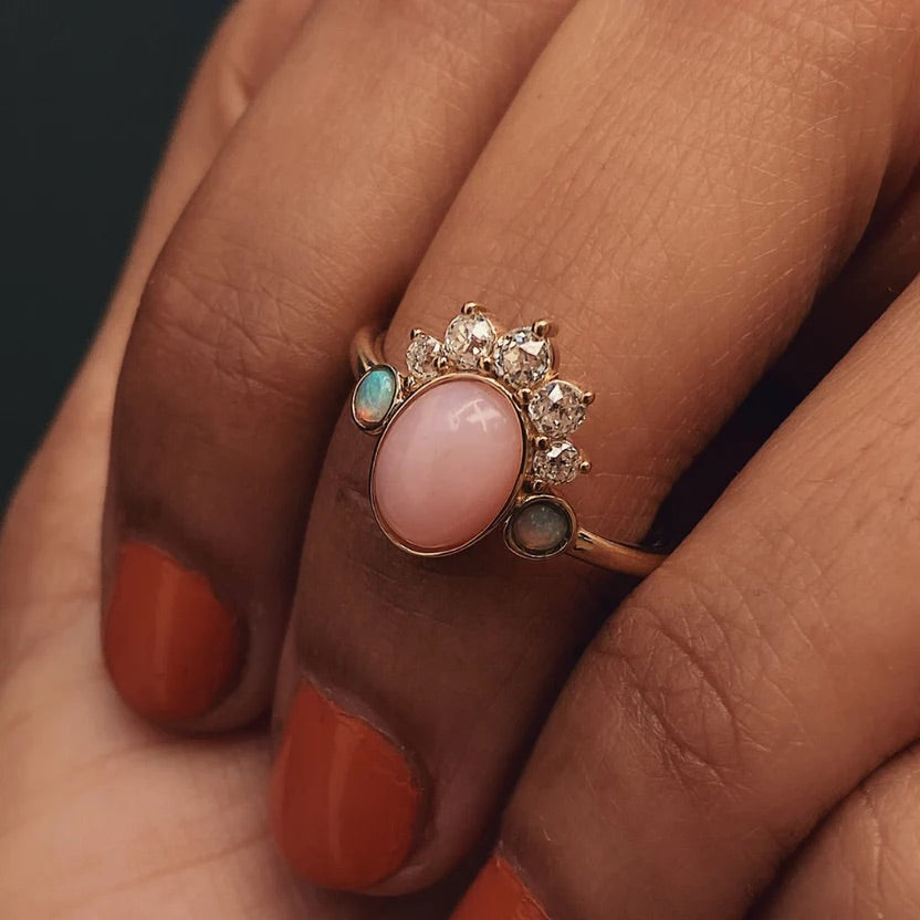 Barbie Theme Pink Opal Multi Stone Art Deco Ring with Fire Opal and Lab Grown Diamonds - Evara Jewelry LLC