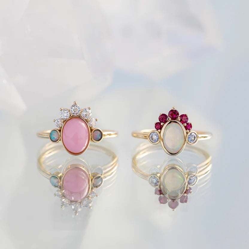 Barbie Theme Pink Opal Multi Stone Art Deco Ring with Fire Opal and Lab Grown Diamonds - Evara Jewelry LLC