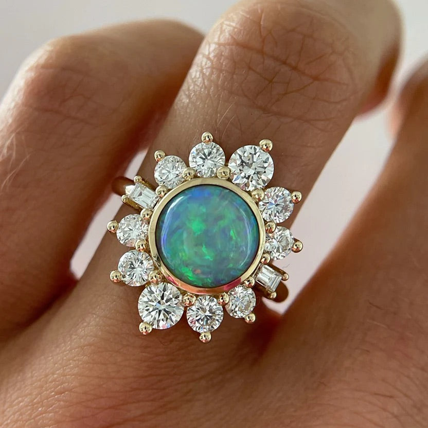 Natural Round Fire Opal & CVD Diamond Victorian Era Wedding Ring - Evara Jewelry LLC