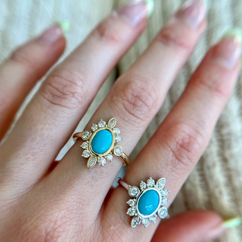 Diamond & Natural Turquoise Art Deco Statement Oval Wedding Ring - Evara Jewelry LLC