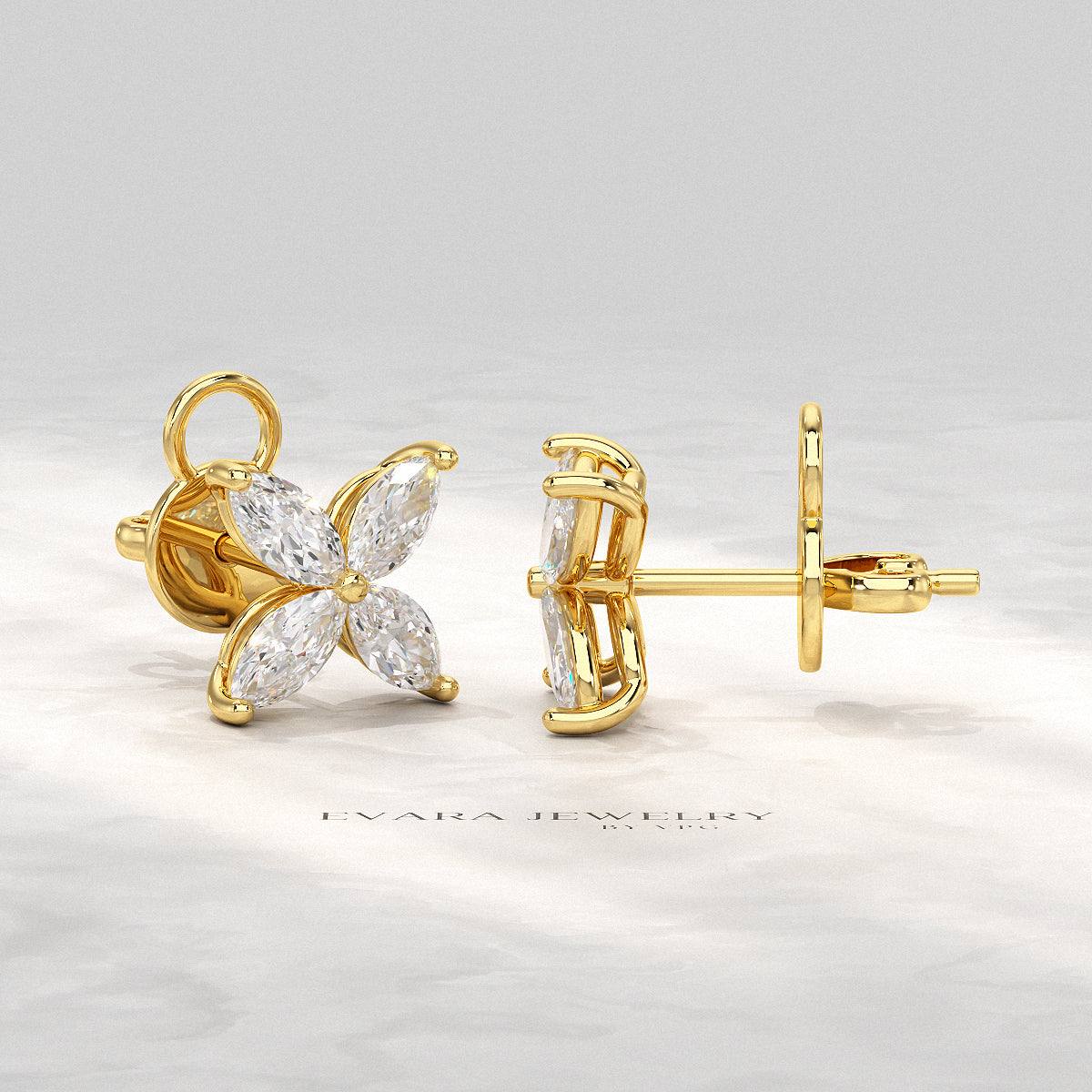 "Marquise diamond floral earrings displayed on a white background"