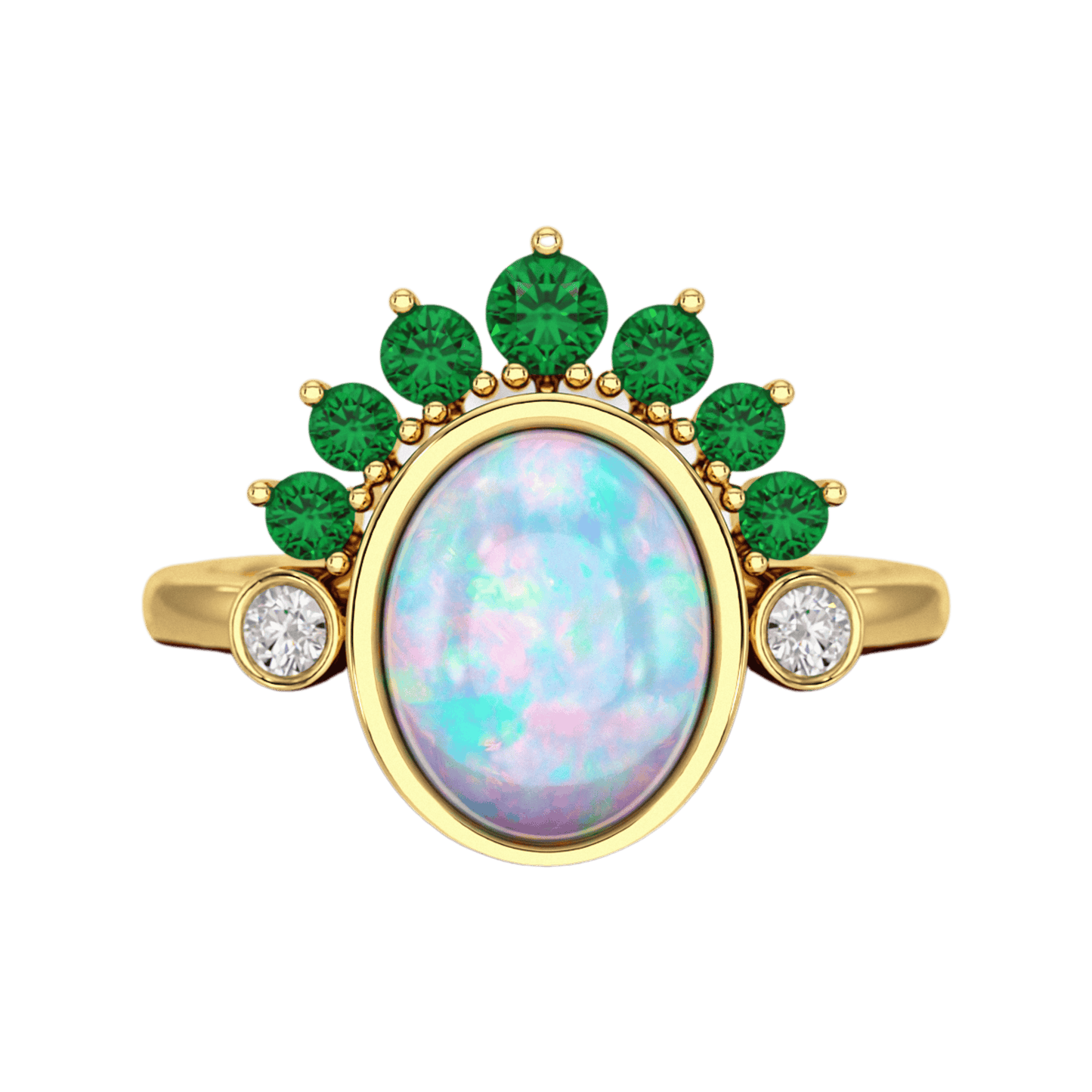 Natural Opal Multi Stone Art Deco Ring with Natural Emeralds and Diamonds