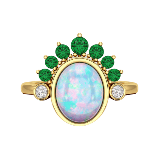 Natural Opal Multi Stone Art Deco Ring with Natural Emeralds and Diamonds