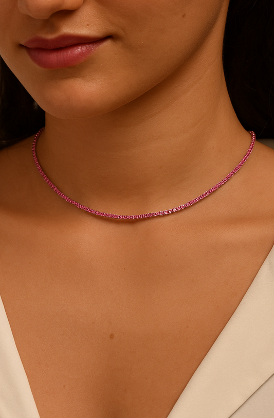Natural Pink Sapphire Tennis Necklace in 14K/18K Gold