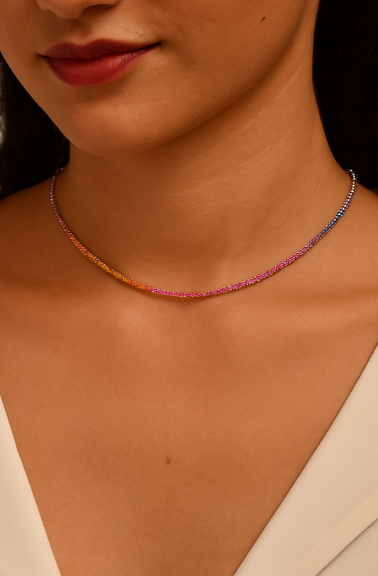 Natural Rainbow Sapphire Tennis Necklace in 14K/18K Solid Gold