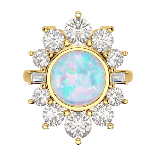 Natural Round Fire Opal & CVD Diamond Victorian Era Wedding Ring