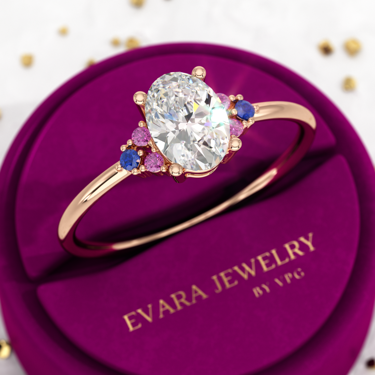 Oval CVD Diamond Engagement Ring with Natural Ruby & Sapphire - Evara Jewelry LLC