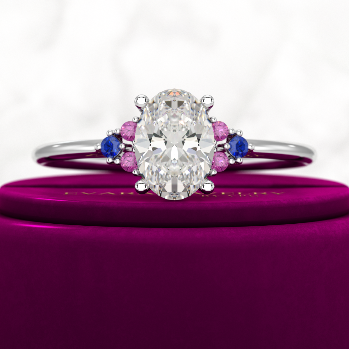 Oval CVD Diamond Engagement Ring with Natural Ruby & Sapphire - Evara Jewelry LLC