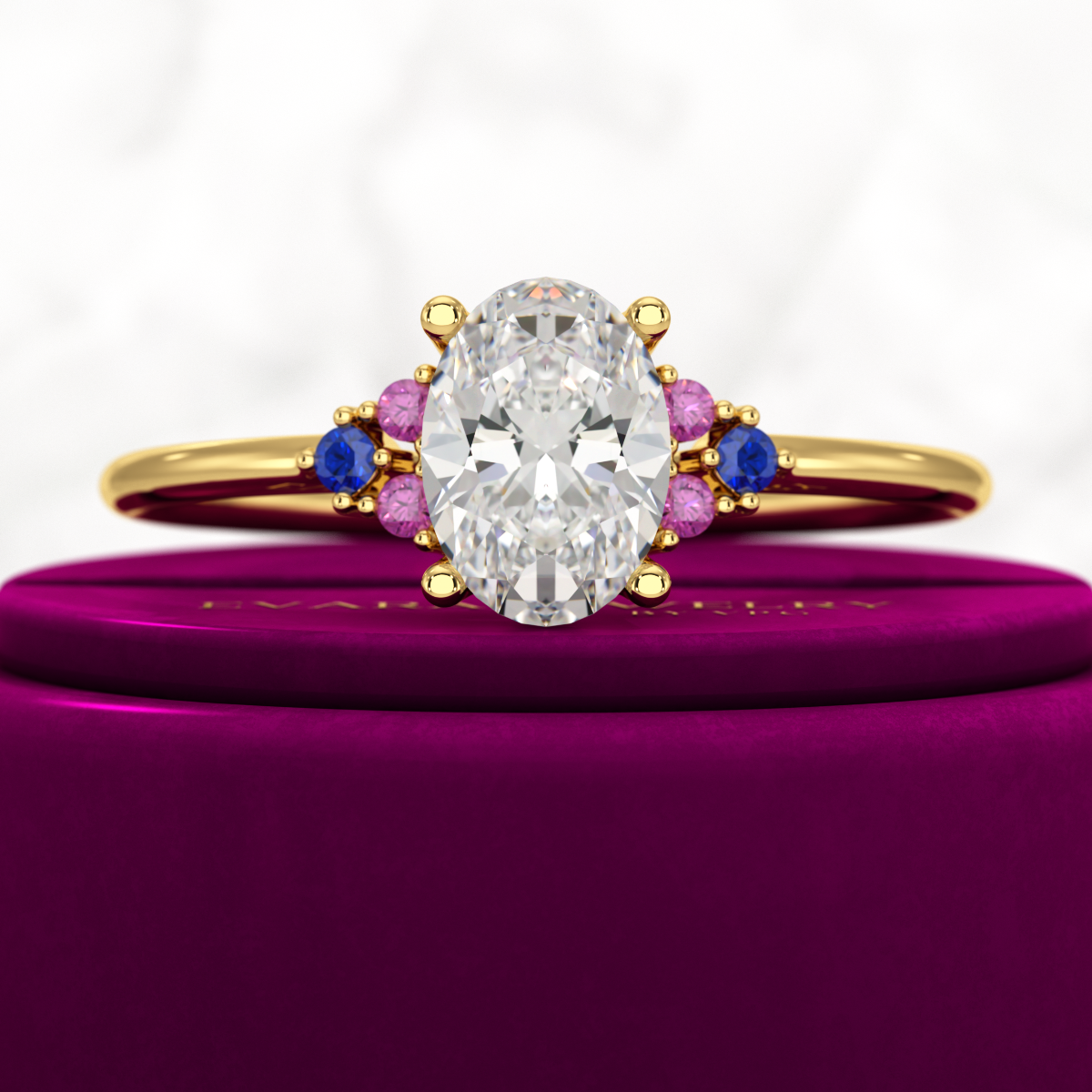 Oval CVD Diamond Engagement Ring with Natural Ruby & Sapphire - Evara Jewelry LLC