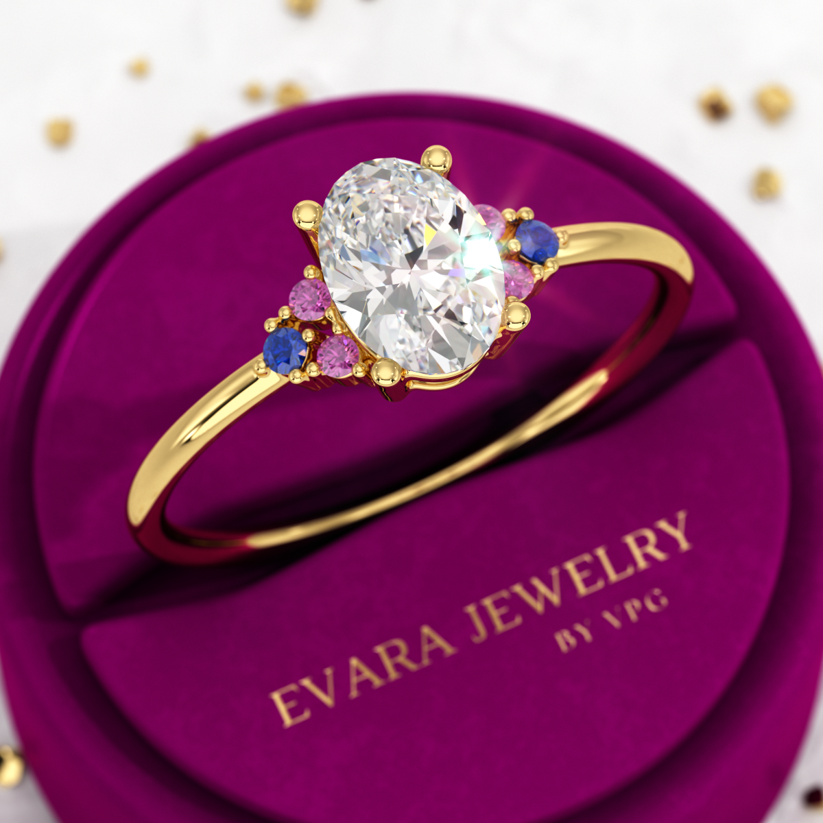 Oval CVD Diamond Engagement Ring with Natural Ruby & Sapphire - Evara Jewelry LLC