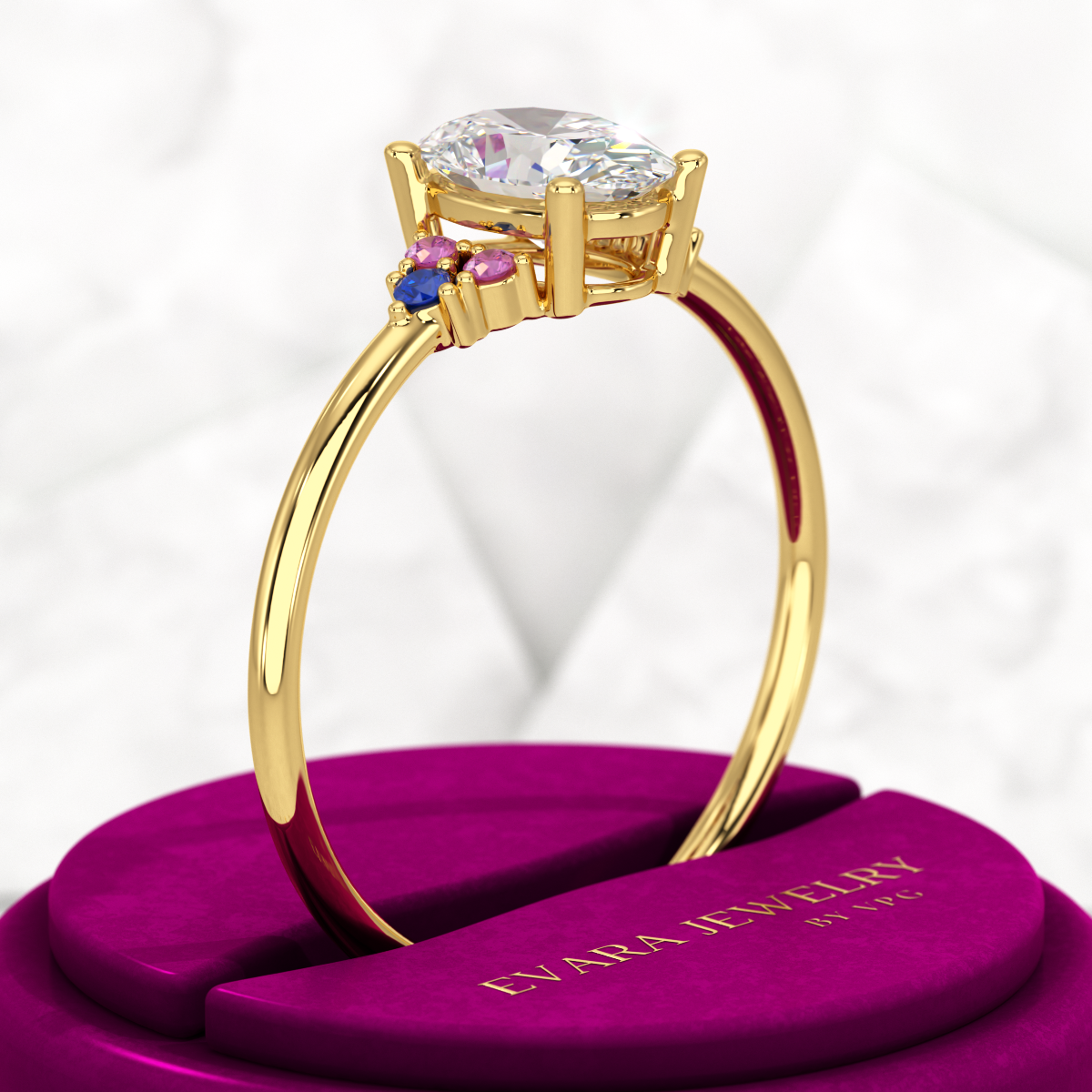 Oval CVD Diamond Engagement Ring with Natural Ruby & Sapphire - Evara Jewelry LLC