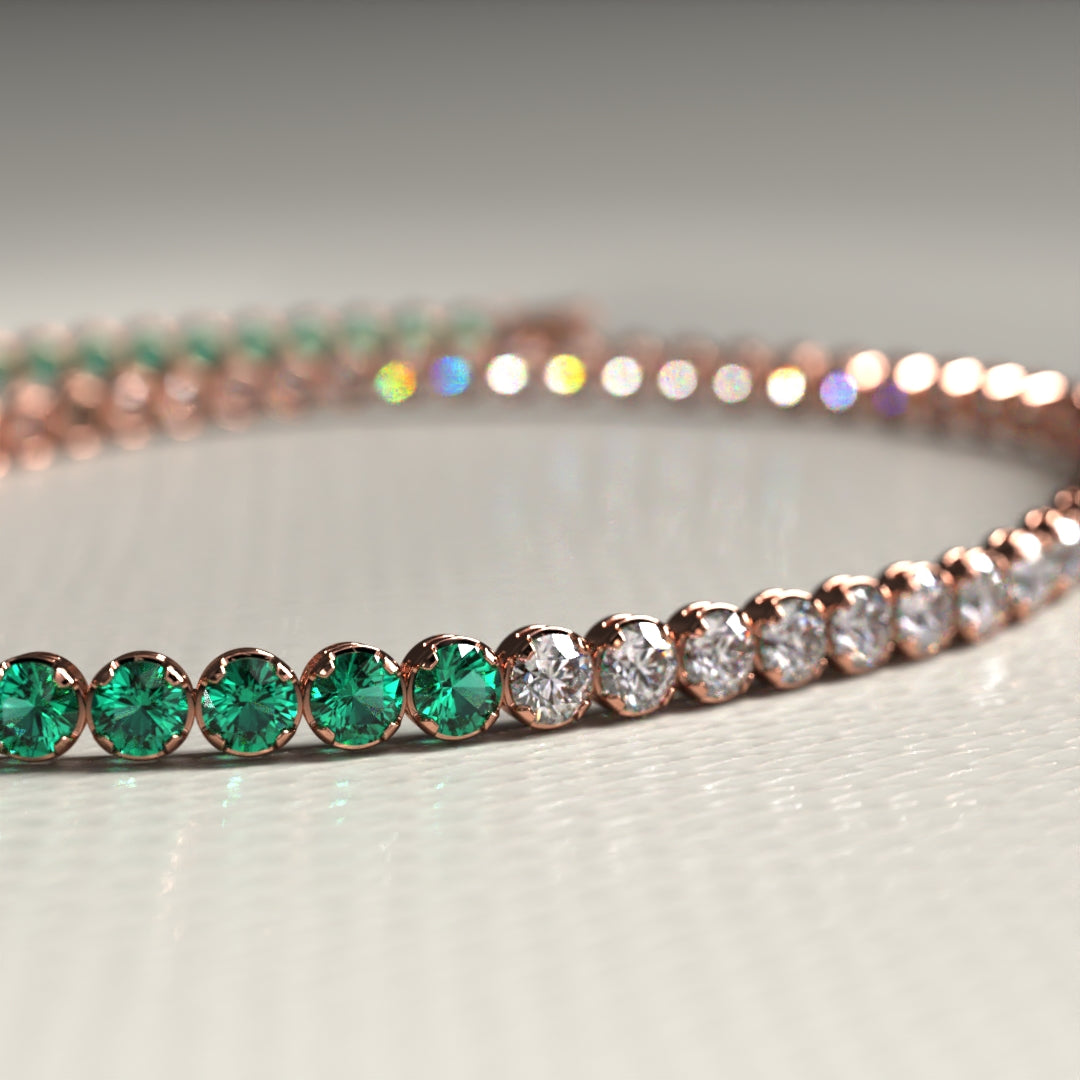 Natural Emerald & Lab Grown Diamond 50-50 Custom Tennis Bracelet in 14K/18K Gold - Evara Jewelry LLC