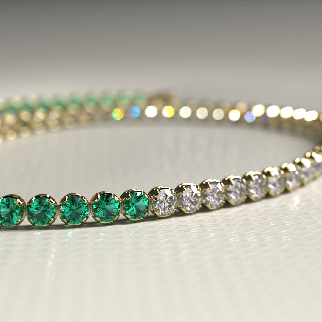 Natural Emerald & Lab Grown Diamond 50-50 Custom Tennis Bracelet in 14K/18K Gold - Evara Jewelry LLC
