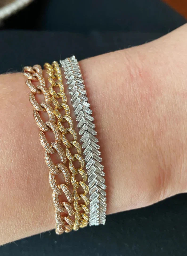 11 Carats Baguette Cut Diamond Chevron Tennis Bracelet in 10K, 14K, 18K Solid Gold - Evara Jewelry LLC