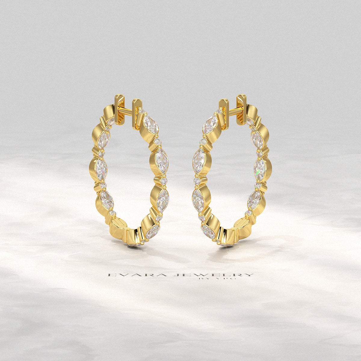 Front view of Morse Code Hoop Earrings with 10 Marquise and Round Cut stones