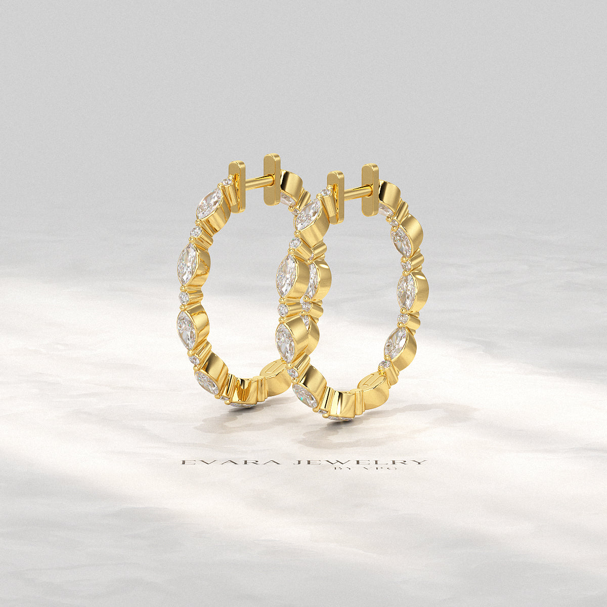 Front view of Marquise and Round Cut Morse Code Hoop Earrings in a polished gold setting.